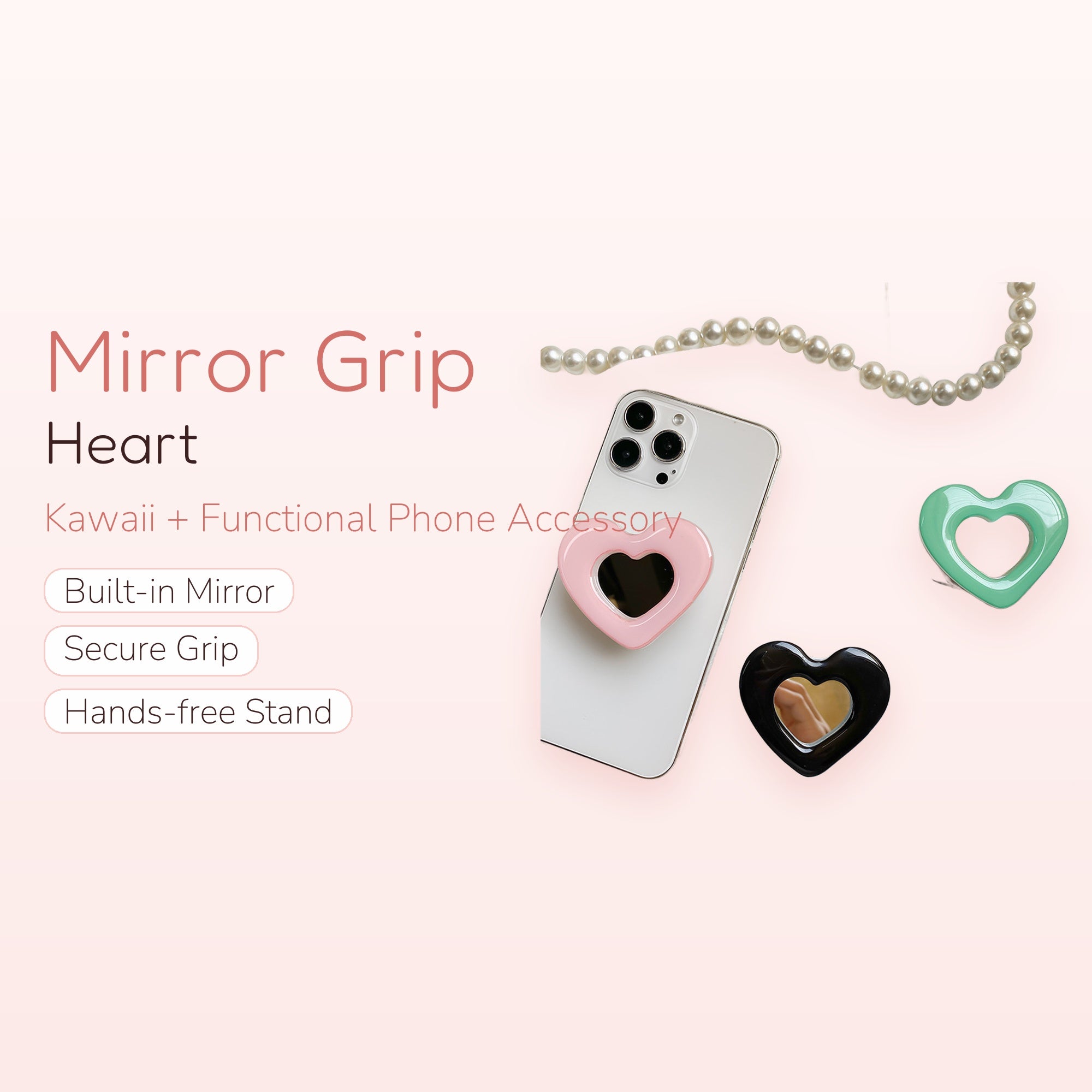 Kawaii Heart Mirror Phone Grip | Cute Pop Socket Holder | Y2K Aesthetic | Trendy Phone Accessory | Gift for Her