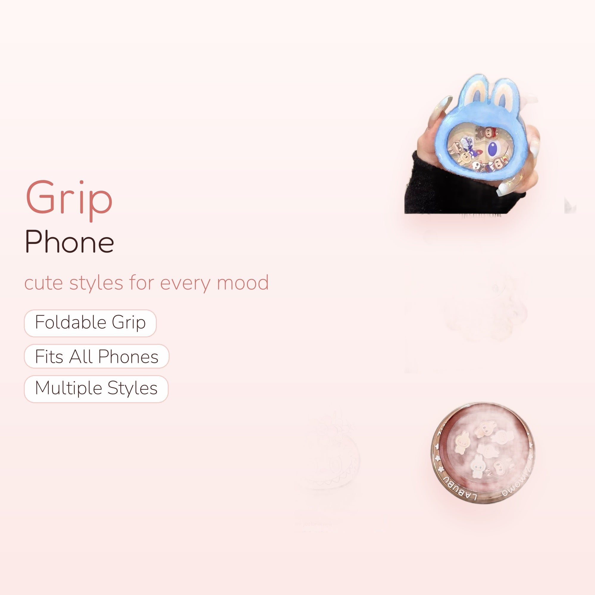 Kawaii Bunny Character Shaker Phone Grip | Cute Liquid Glitter Pop Socket Stand