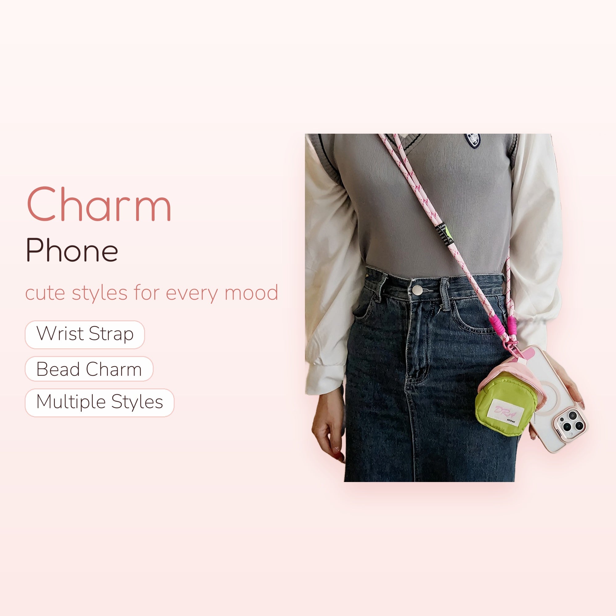 Pink & White Rope Phone Lanyard with Mini Green Pouch | Aesthetic Crossbody Phone Strap