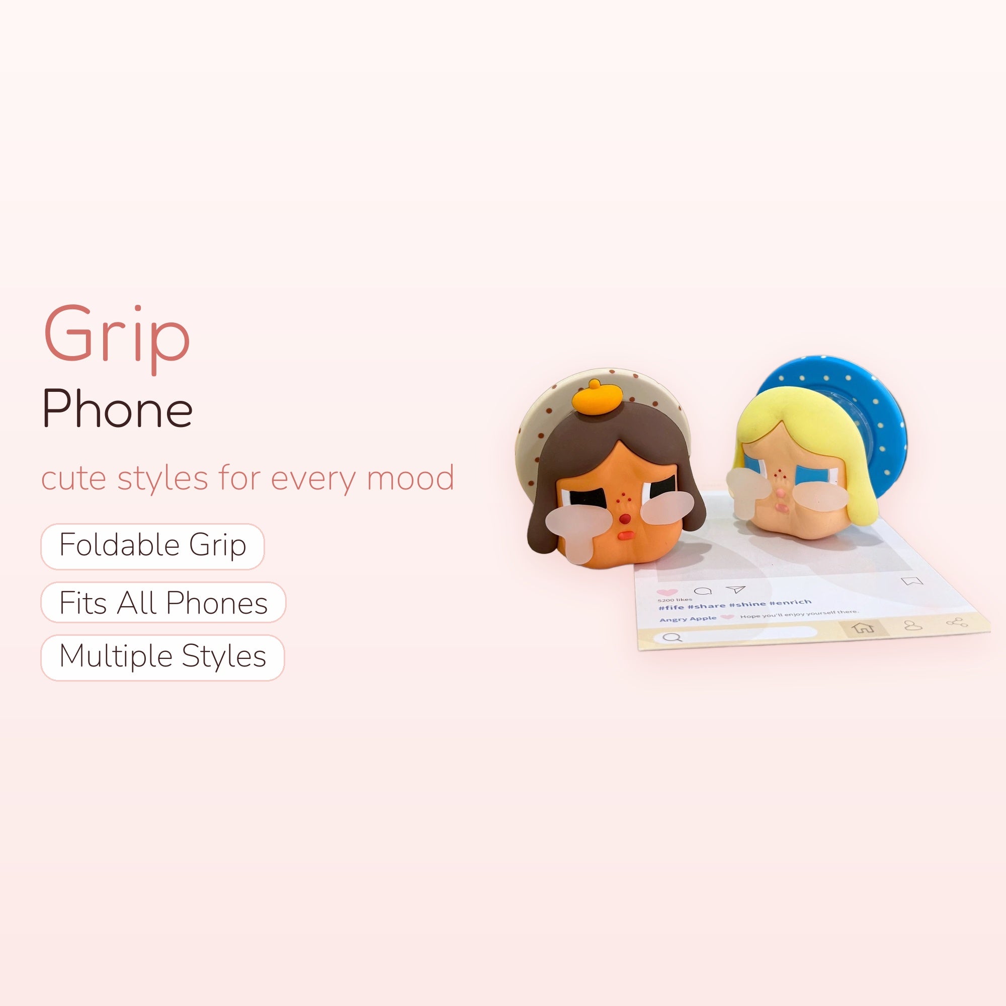 Kawaii Crying Face Phone Grip | Cute Cartoon Pop Socket Stand