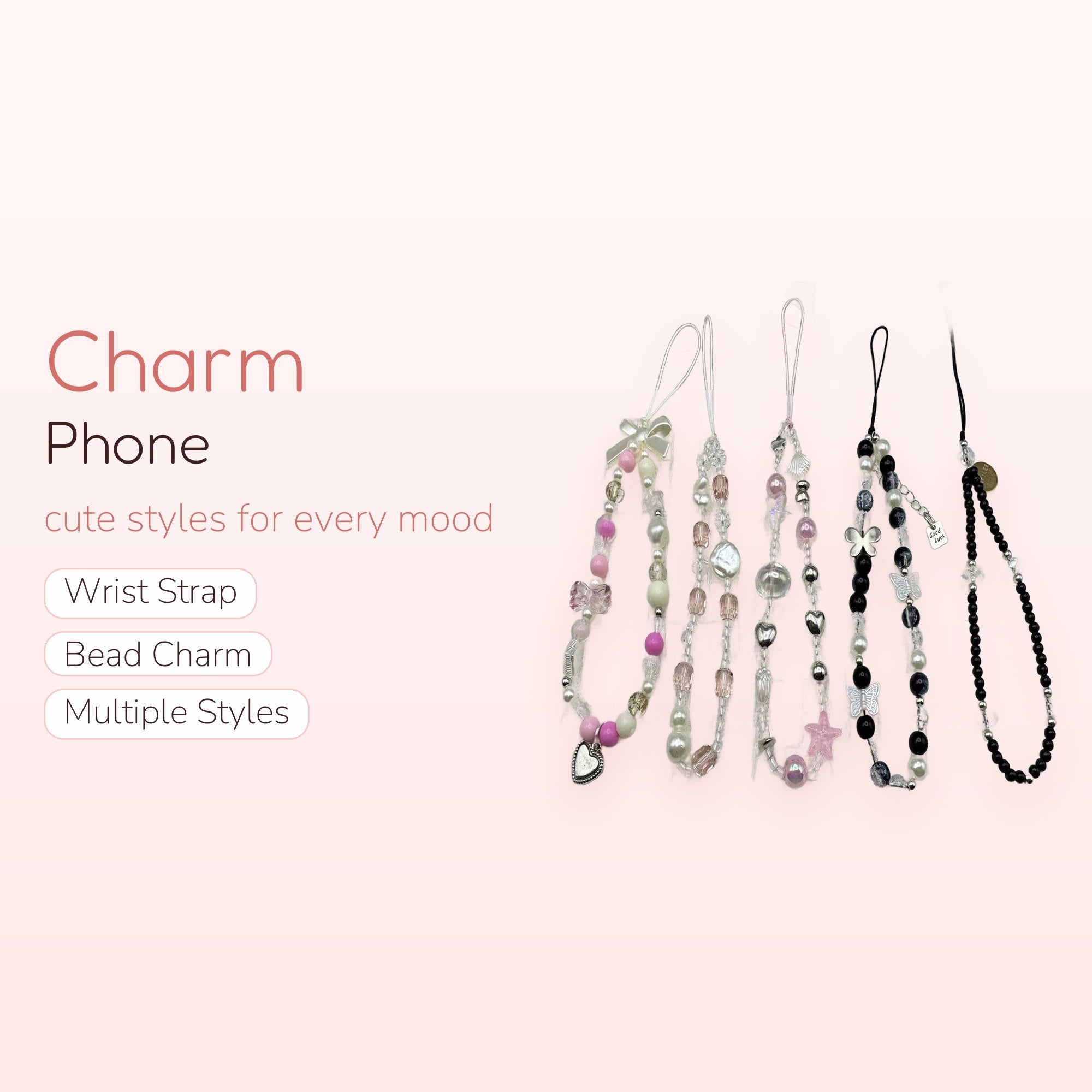 Kawaii Beaded Phone Charm Straps | Pastel & Monochrome Wrist Lanyards