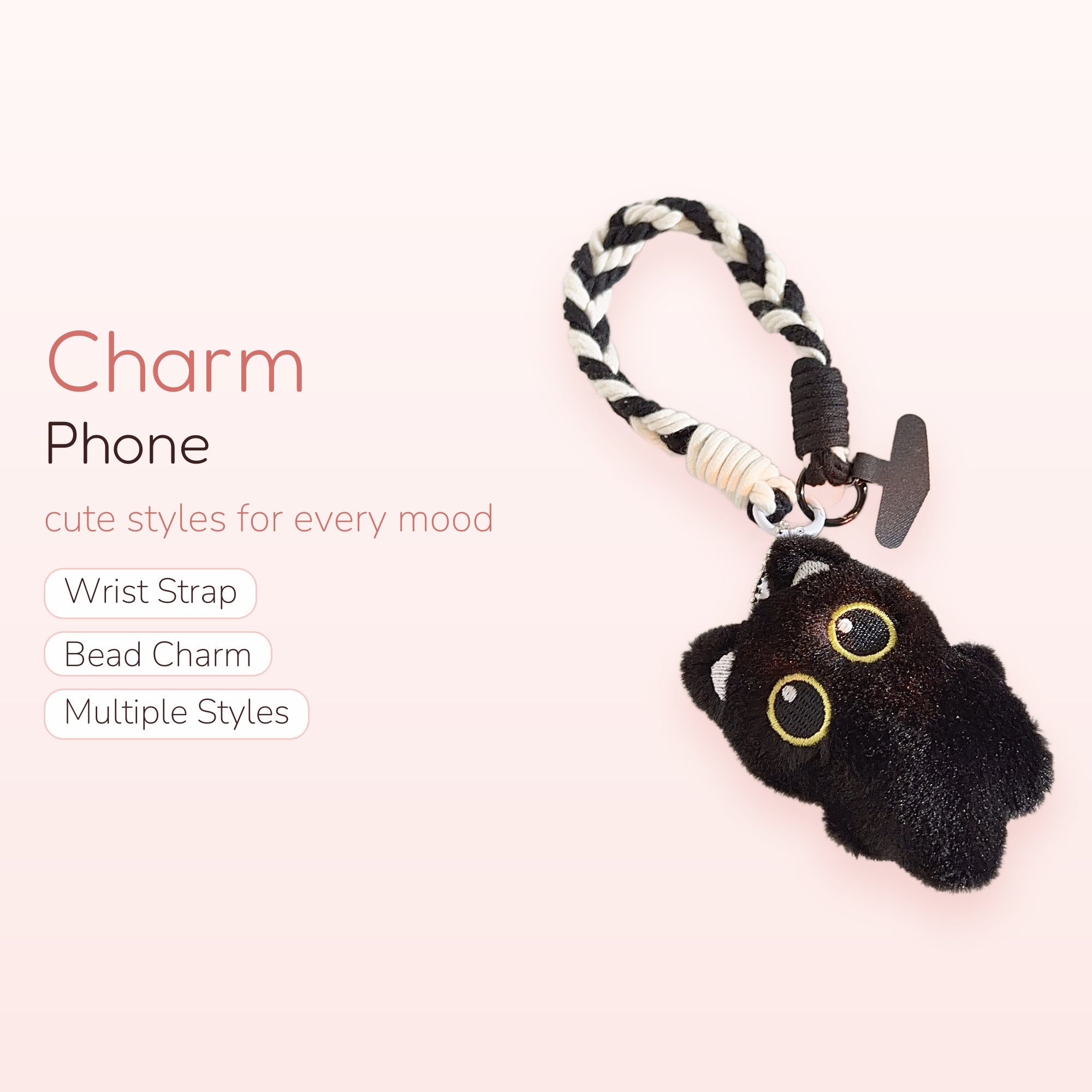 Cute Black Cat Plush Phone Charm | Braided Wrist Strap Keychain