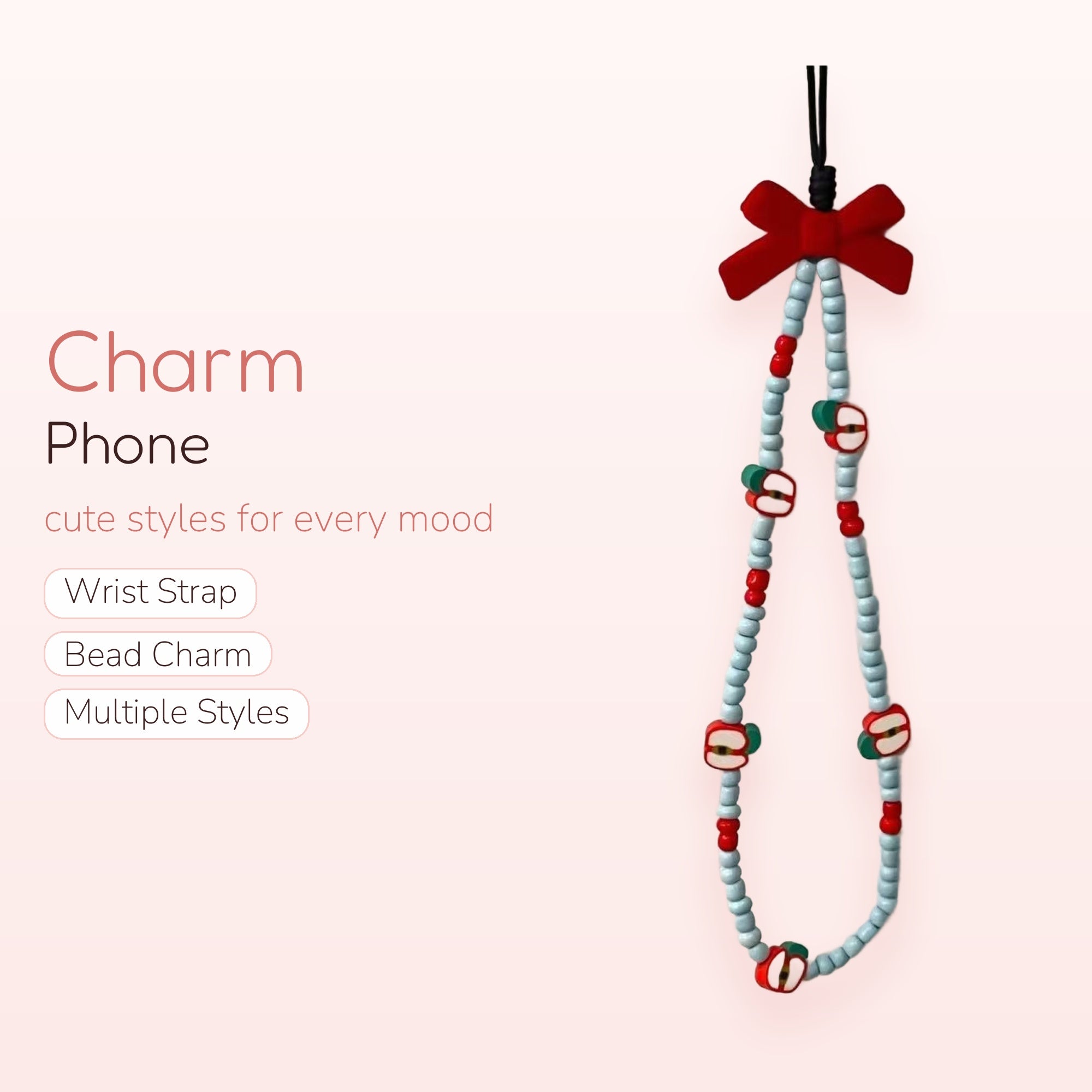 Cute Apple & Red Beaded Phone Charm Strap | Kawaii Light Blue Wrist Lanyard