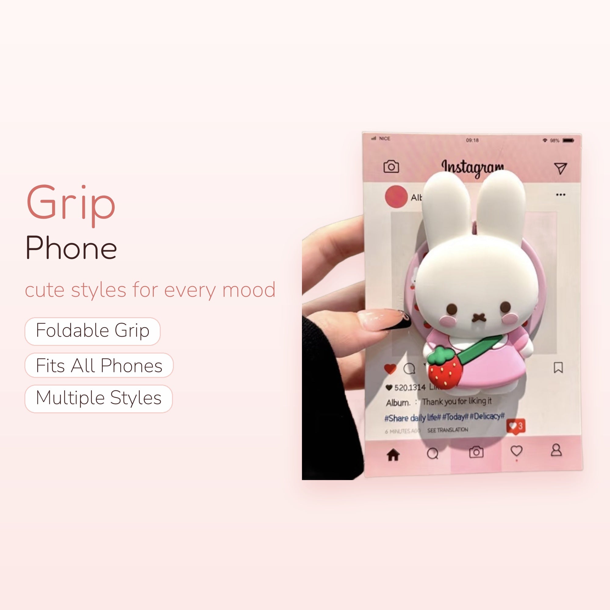 Cute White Bunny Phone Grip | Kawaii Strawberry Crossbody Pop Socket Stand