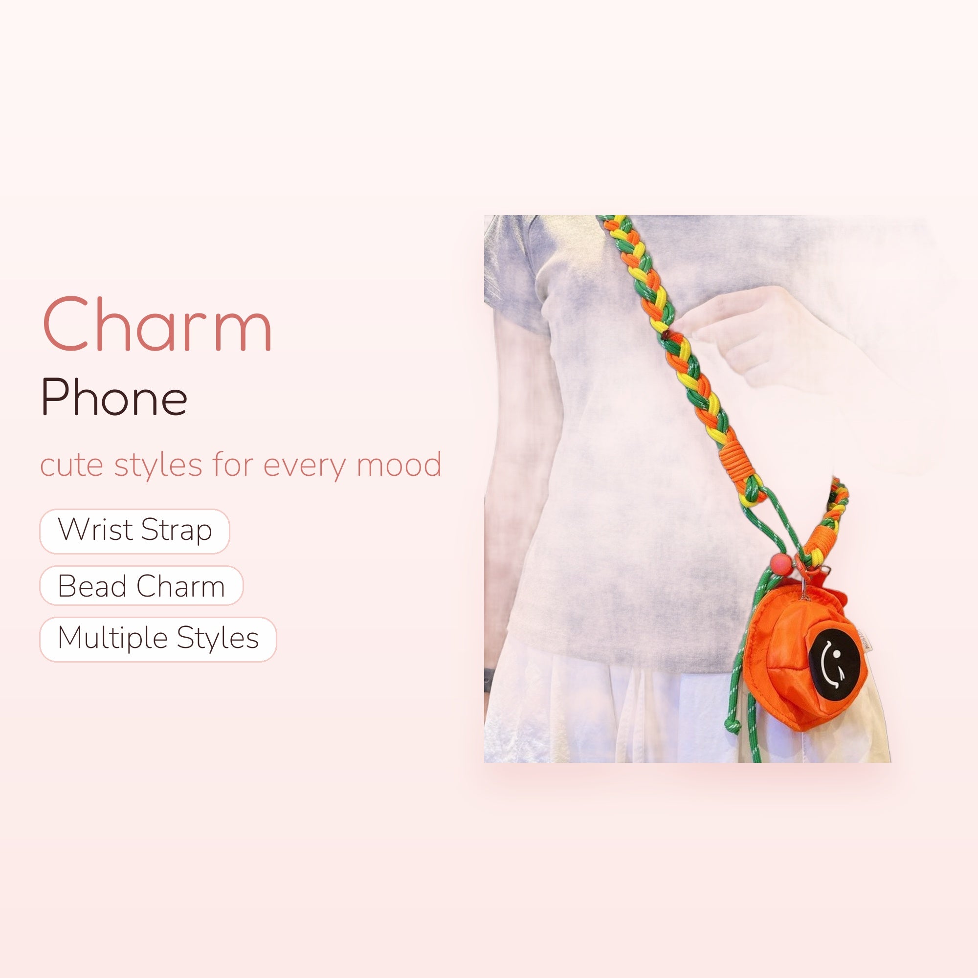 SIMPLYBUBBI — Braided Rainbow Cord Crossbody | Orange Smiley Ball Pouch Lanyard
