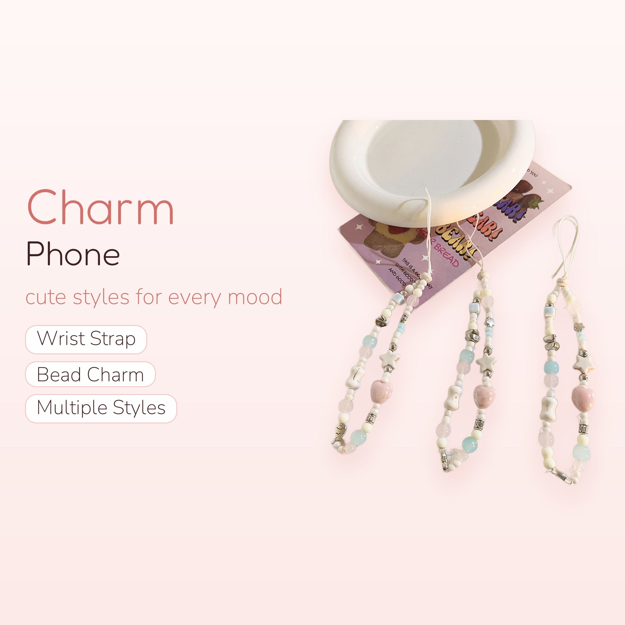 Pastel Beaded Phone Charm Strap | Kawaii Heart & Star Wrist Lanyard