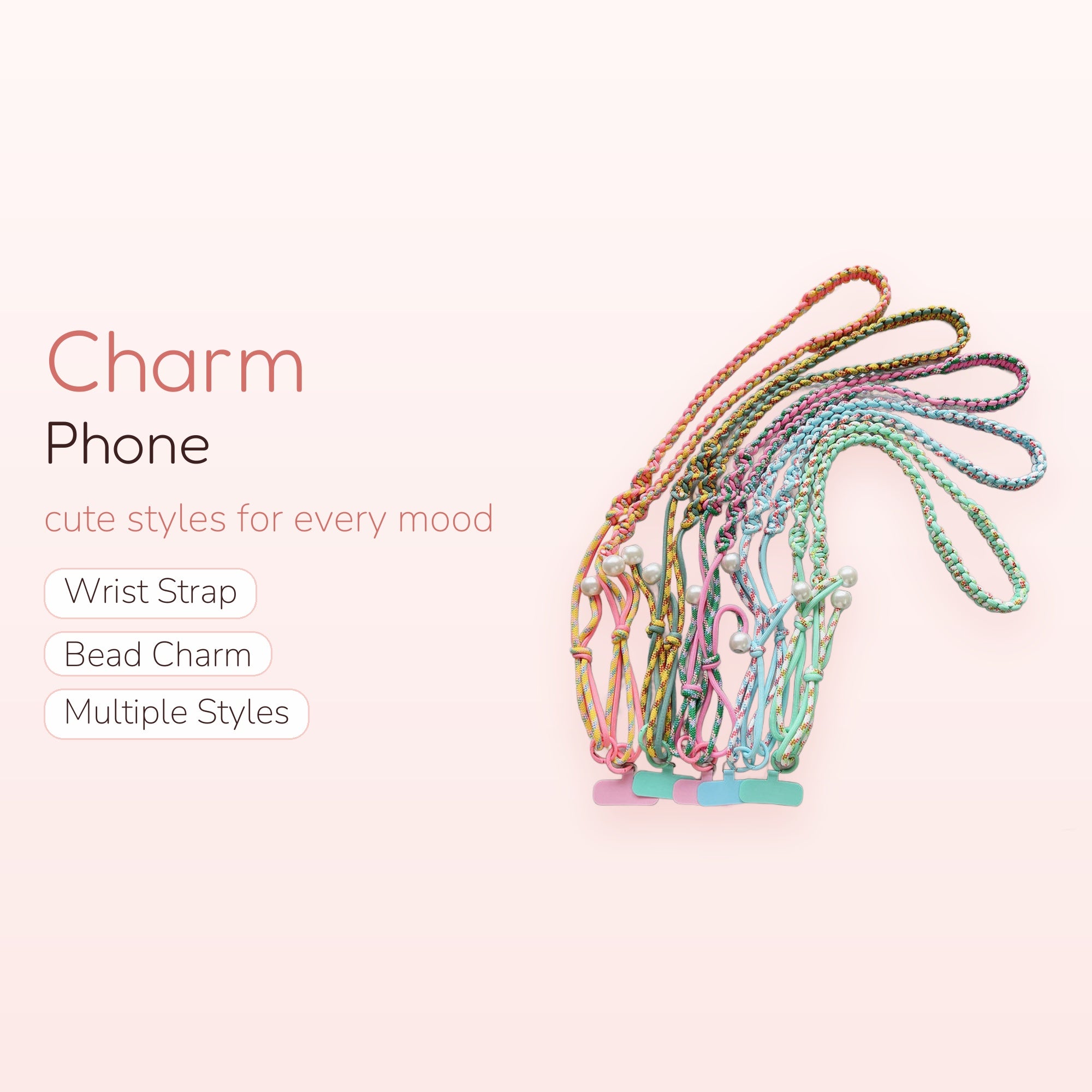 Kawaii Braided Rope Phone Lanyard with Pearl Accents | Pastel Macrame Phone Strap