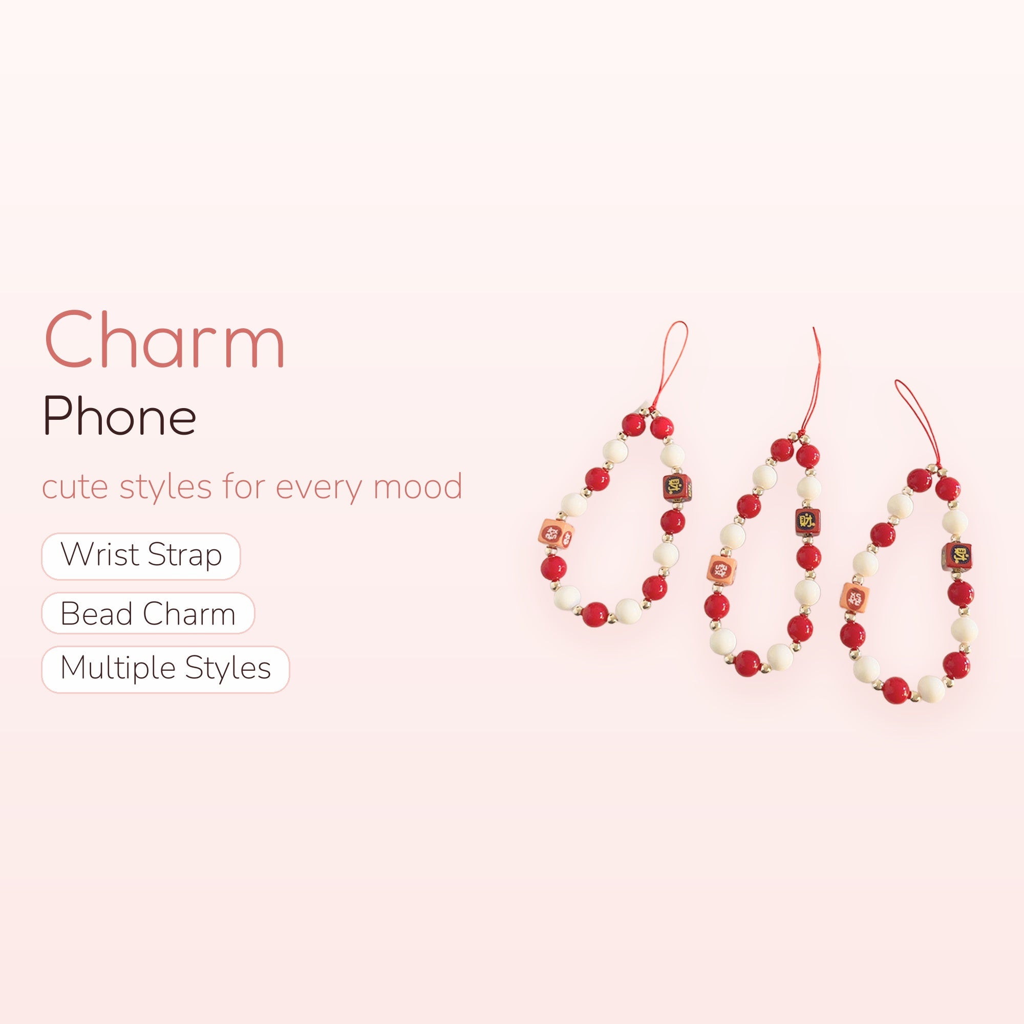Aesthetic Red & White Beaded Phone Charm | Lucky Chinese Character Wrist Strap