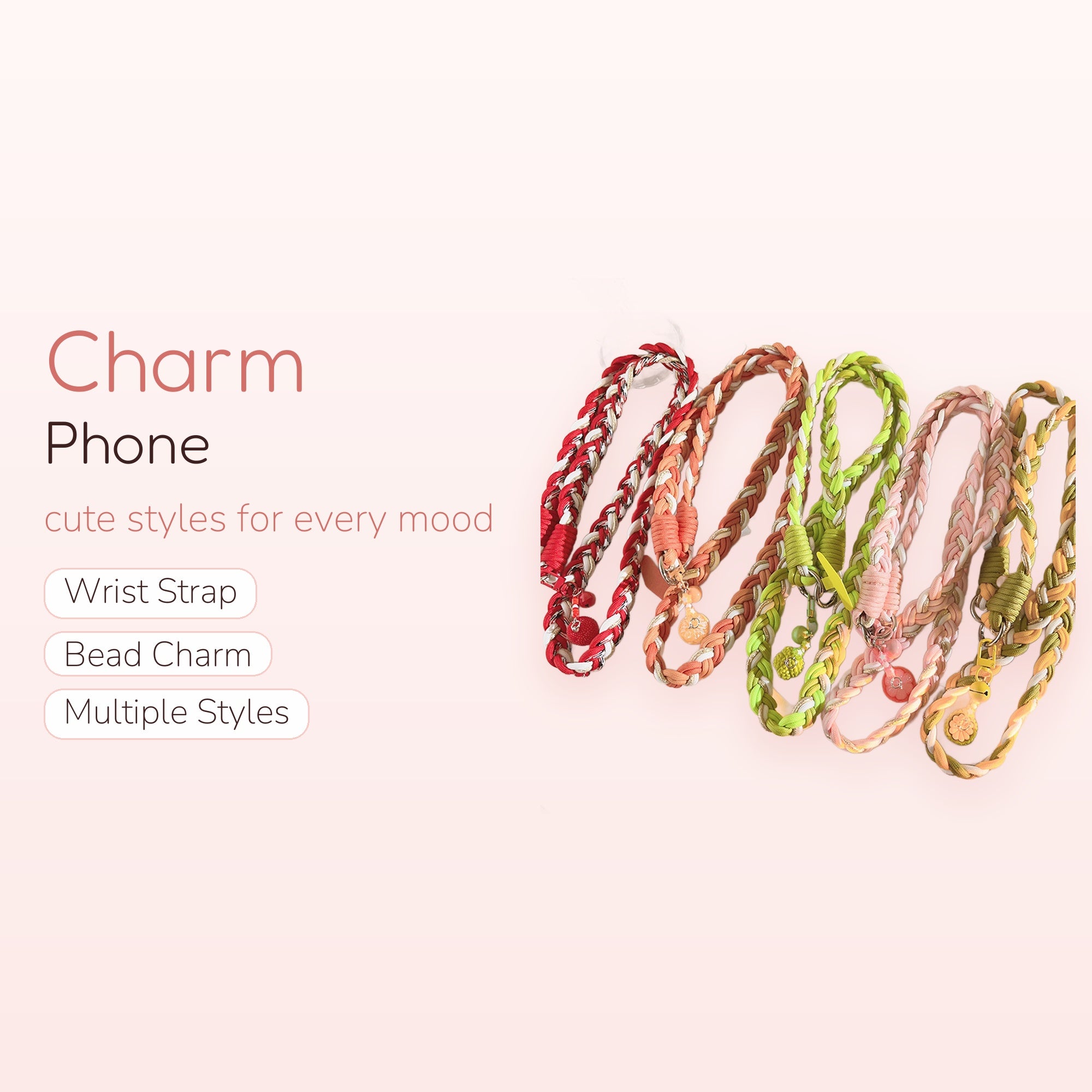 Braided Rainbow Phone Charm Lanyard | Aesthetic Woven Wrist Strap with Cute Charms