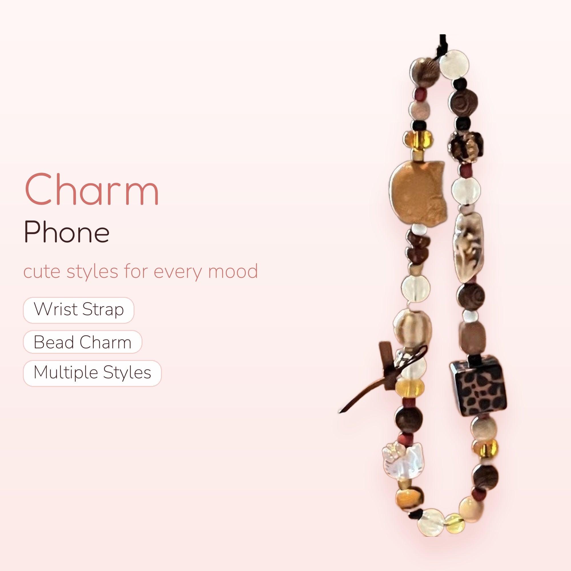 Boho Earth Tone Beaded Phone Charm | Aesthetic Animal Print Wrist Strap