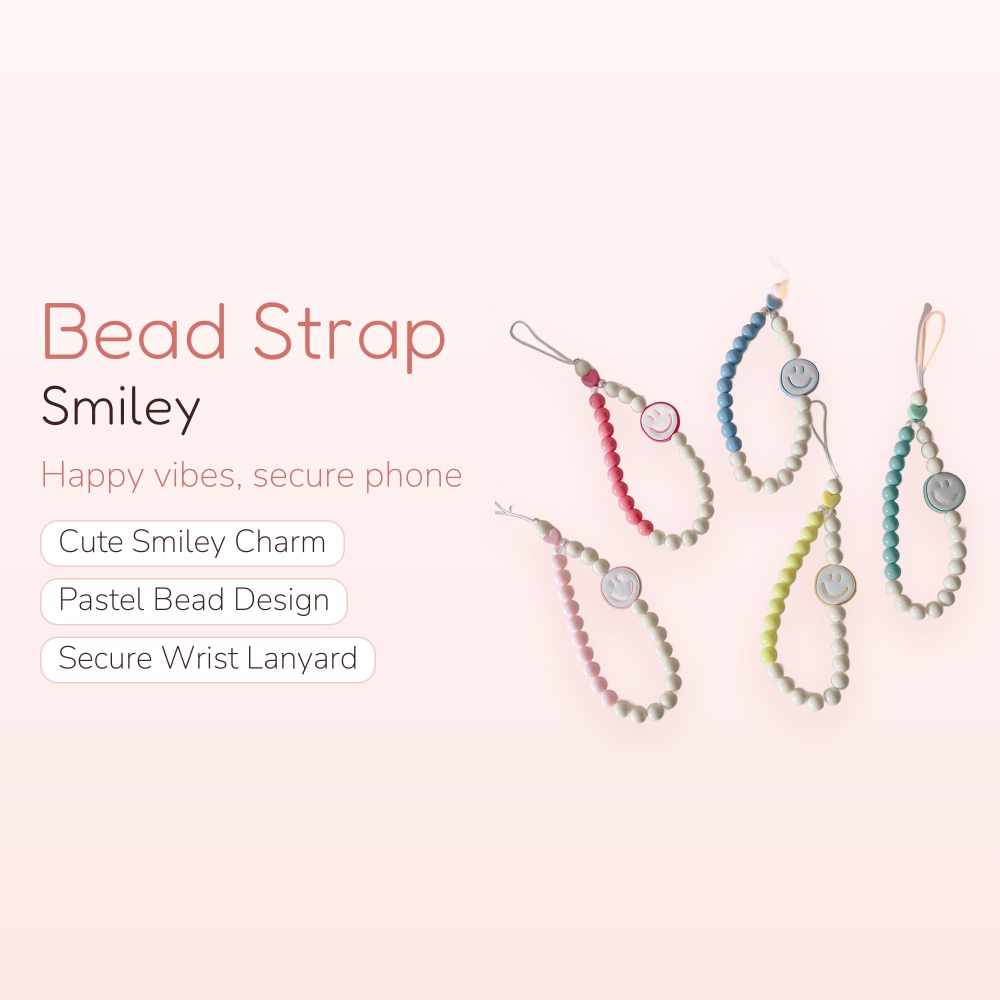 Kawaii Smiley Face Bead Phone Charm Strap | Pastel Wrist Lanyard | Cute Y2K Phone Accessory | Gift for Her | Aesthetic Phone Charm