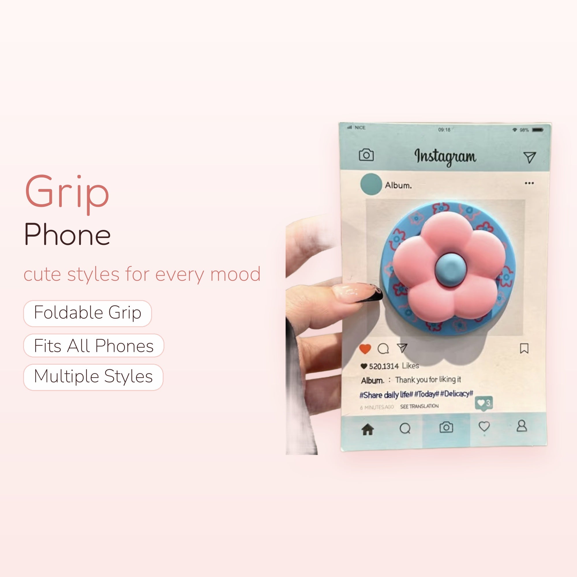 Pastel Pink & Blue Flower Phone Grip | Kawaii Floral Pop Socket Stand