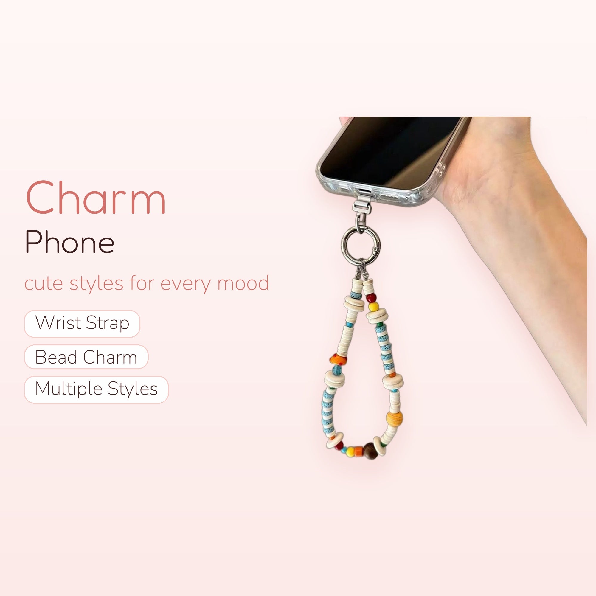 Aesthetic Beaded Phone Charm Strap | Colorful Clay & Shell Wrist Lanyard
