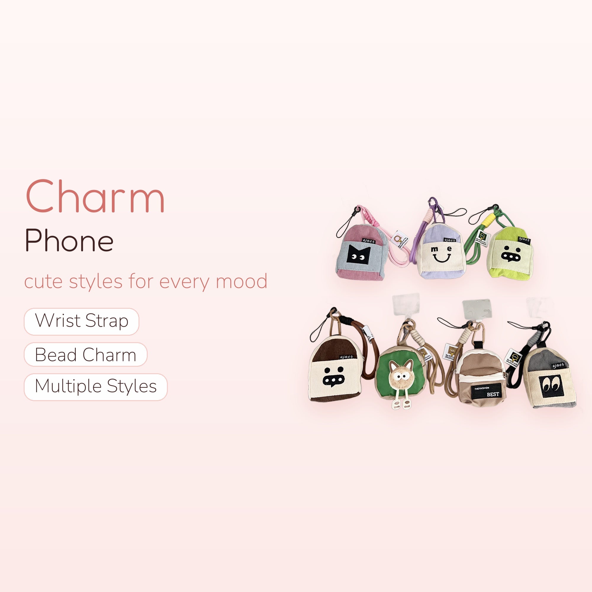Kawaii Mini Backpack Phone Charm Straps | Corduroy Cartoon Face Wrist Lanyards