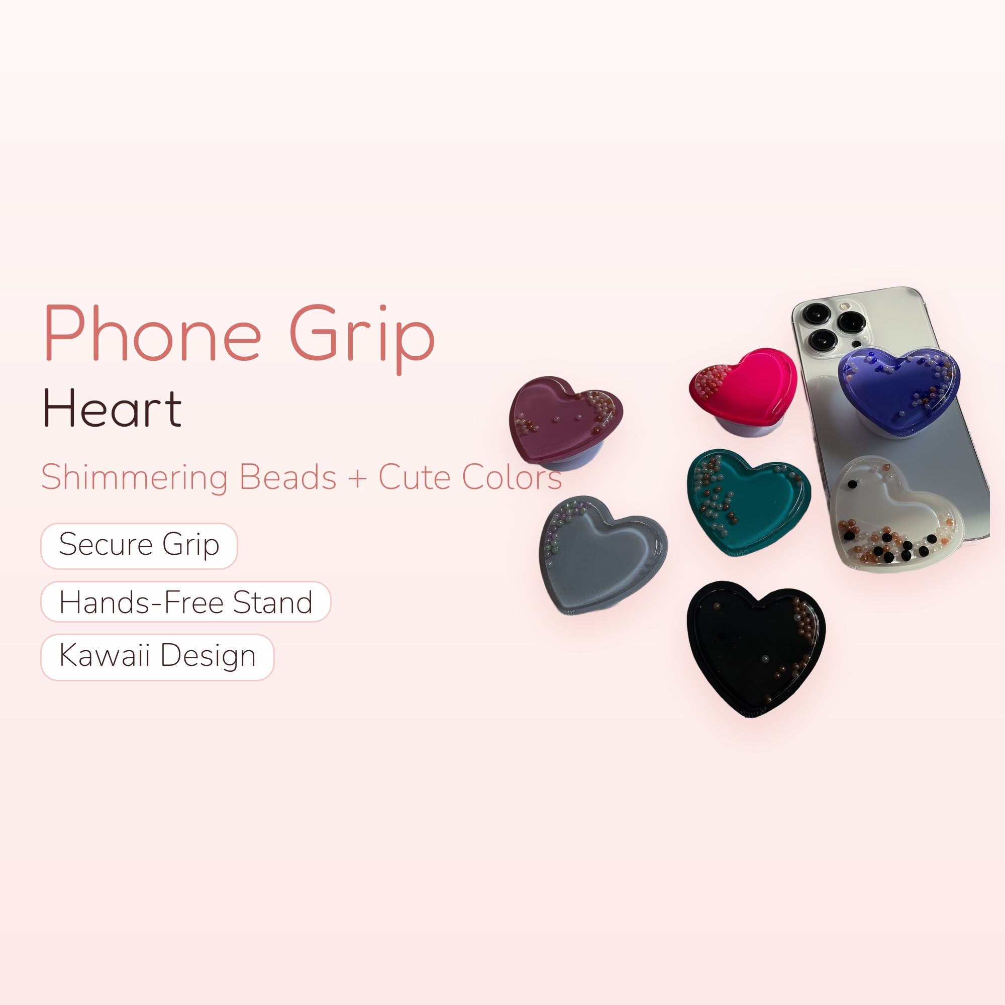 Cute Heart Phone Grip with Shimmering Beads | Kawaii Phone Stand