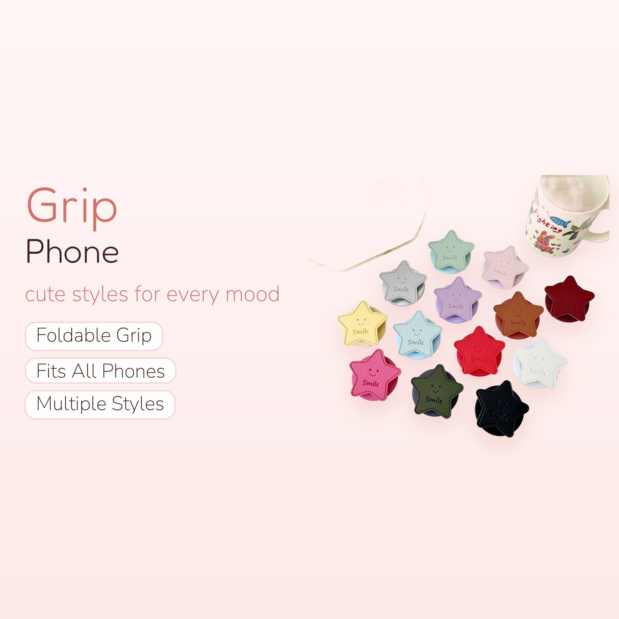 Cute Star Smile Phone Grip | Pastel Faux Leather Pop Socket Stand