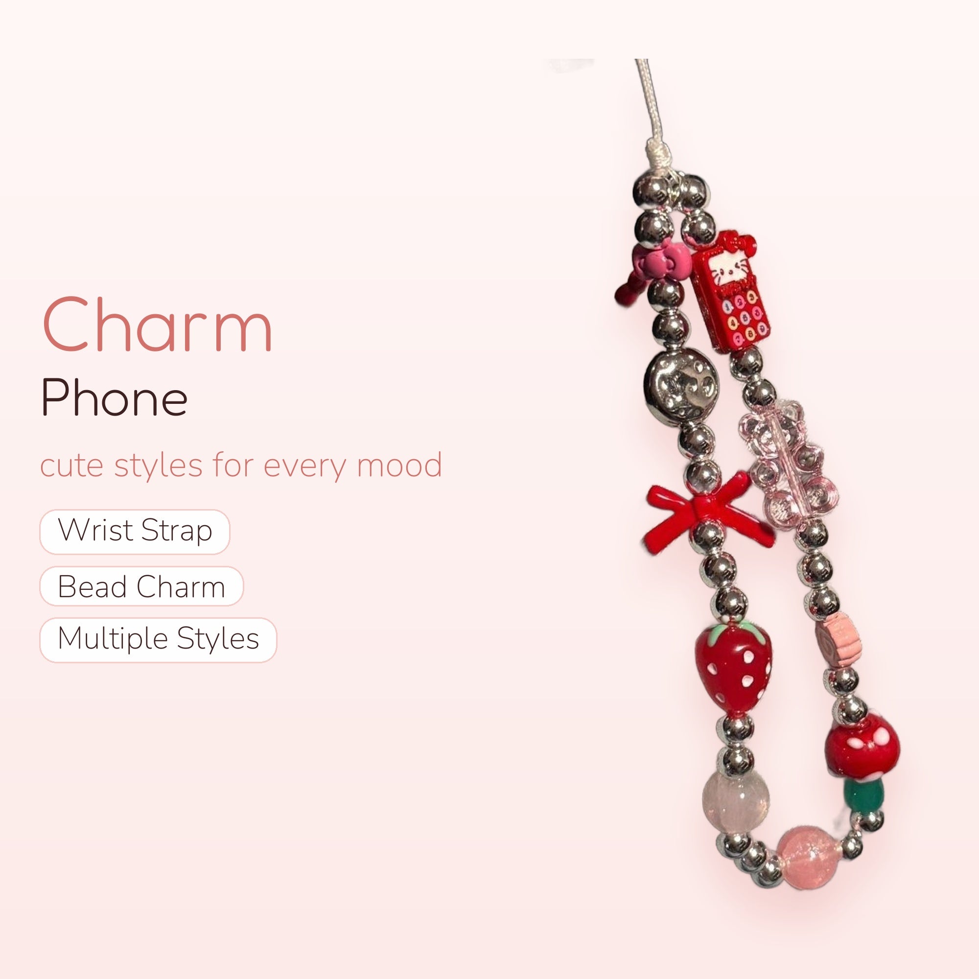 Y2K Silver Beaded Phone Charm Strap | Hello Kitty Strawberry Mushroom Wrist Lanyard