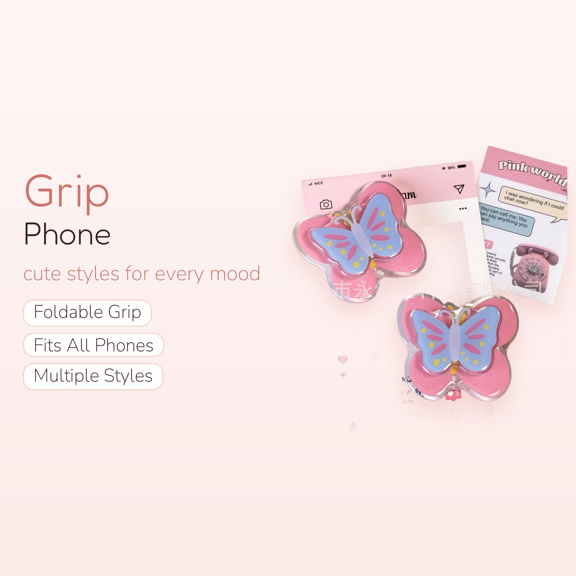 Pink & Blue Butterfly Phone Grip | Kawaii Aesthetic Pop Socket Stand