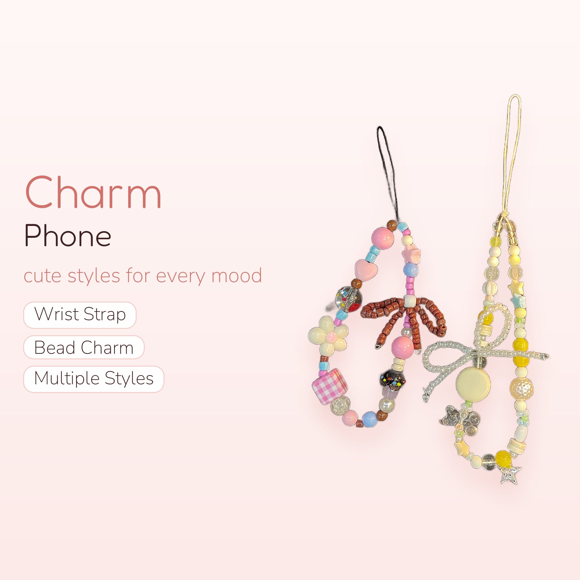 Kawaii Pastel Beaded Phone Charm Straps | Cute Y2K Aesthetic Wrist Lanyards