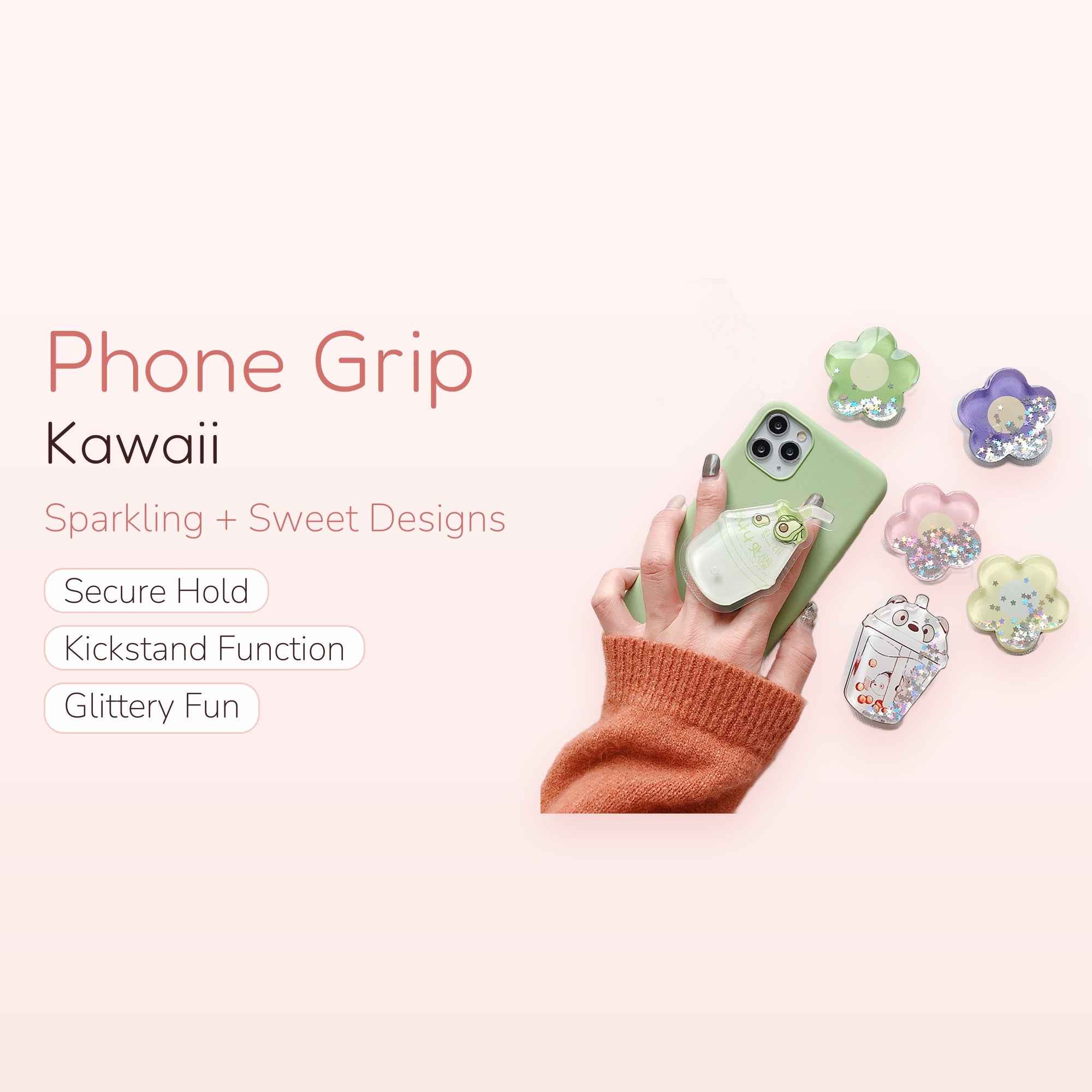 Kawaii Glitter Phone Grip Stand | Cute Pop Socket Holder | Y2K Aesthetic | Gift for Her | Trendy Phone Accessory