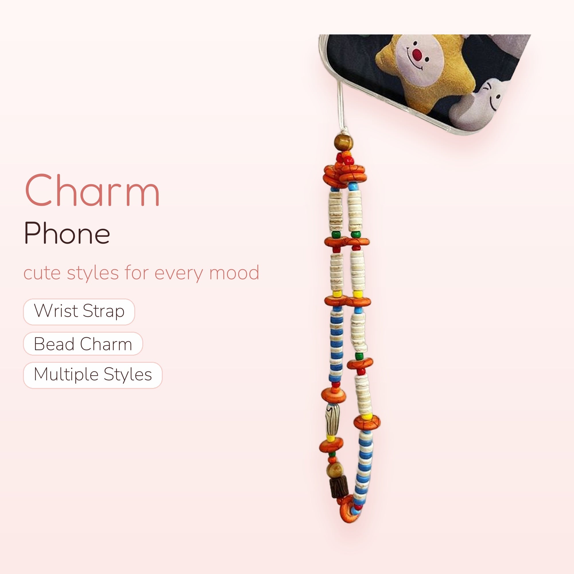 Boho Beaded Phone Charm Strap | Colorful Clay & Wood Bead Wrist Lanyard