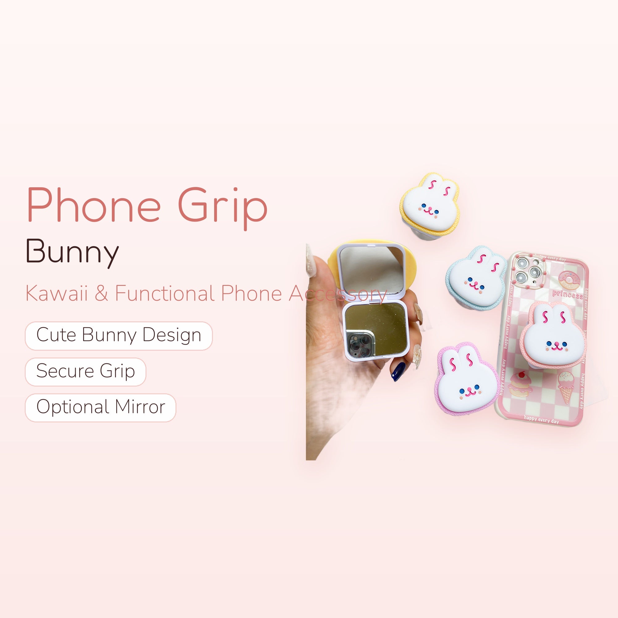 Cute Bunny Phone Grip Stand | Kawaii Pop Socket with Mirror