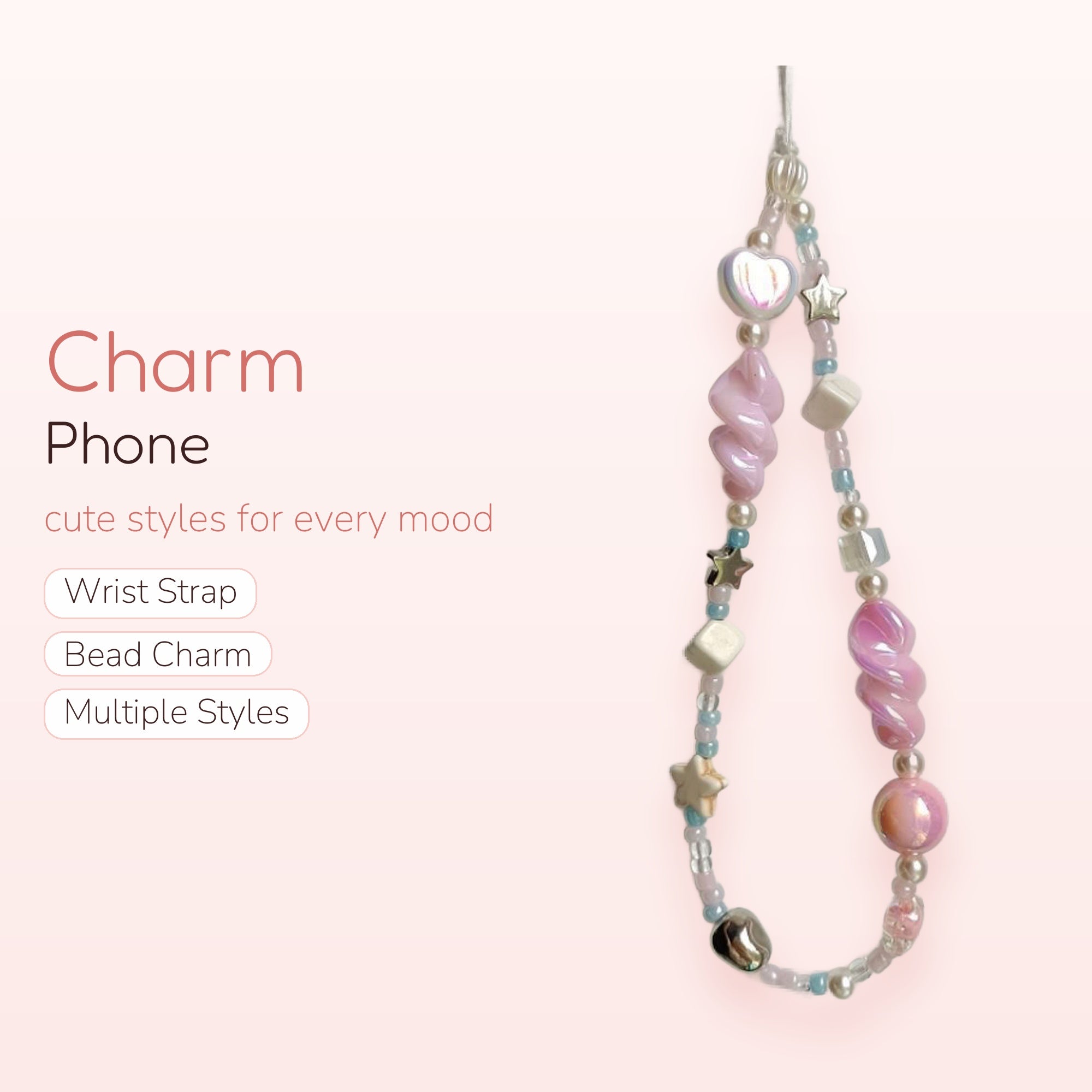 SIMPLYBUBBI — Pink Swirl & Star Beaded Phone Chain | Iridescent Heart Lanyard