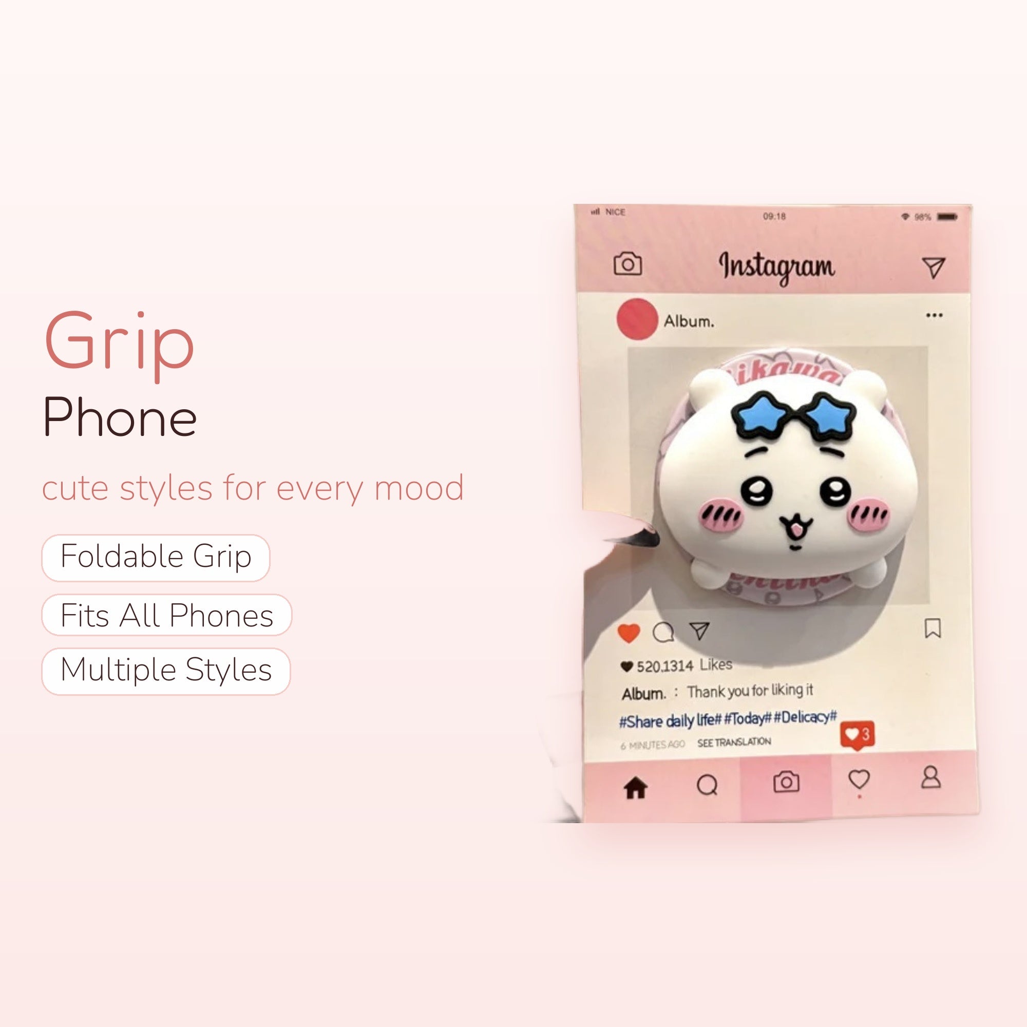 Kawaii White Hamster Phone Grip with Blue Star Glasses | Cute Pop Socket Stand