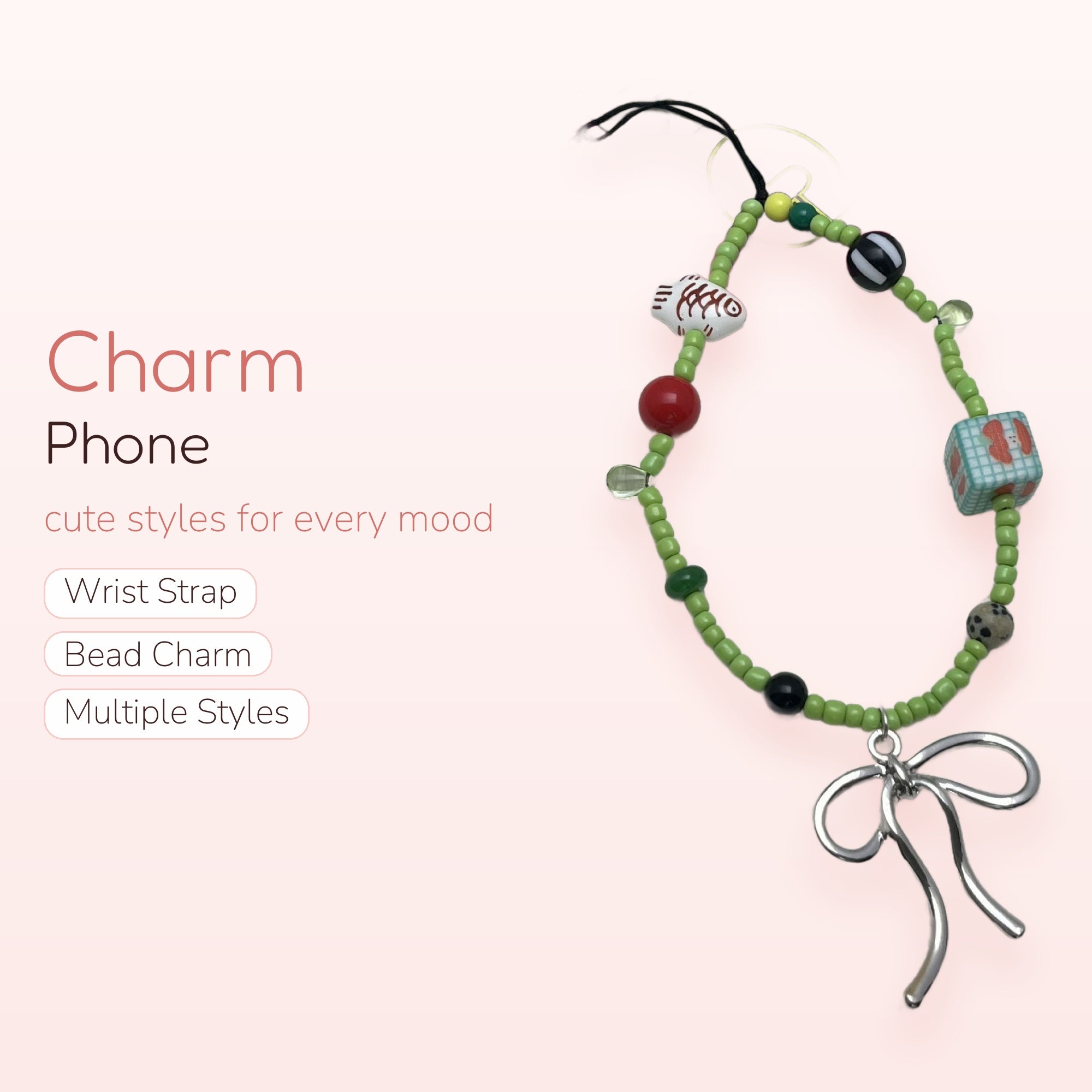 Aesthetic Green Beaded Phone Charm | Cute Bow Fish Cube Wrist Strap