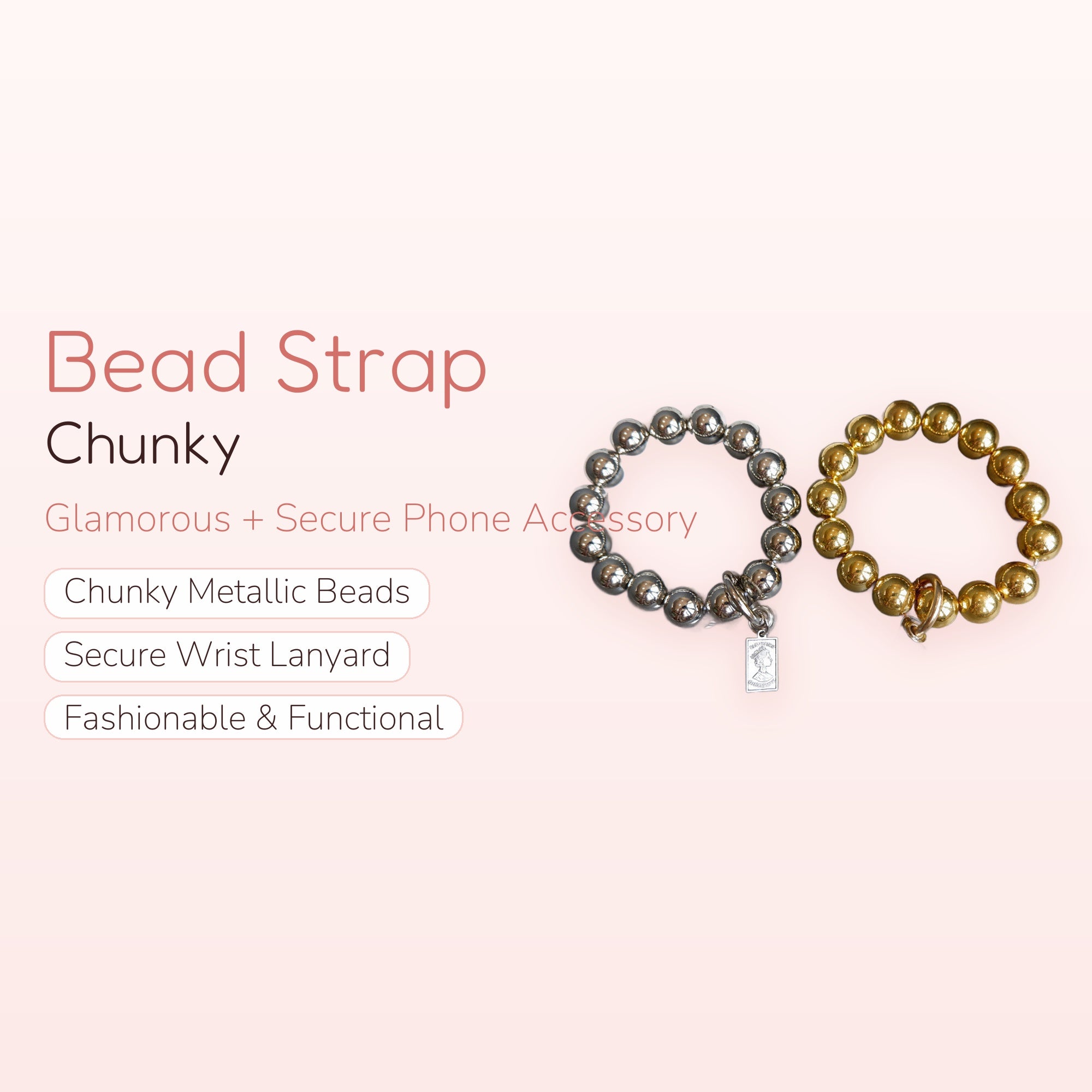 Chunky Bead Phone Charm Strap | Gold & Silver Wrist Lanyard | Y2K Aesthetic | Cute Phone Accessory | Gift for Her