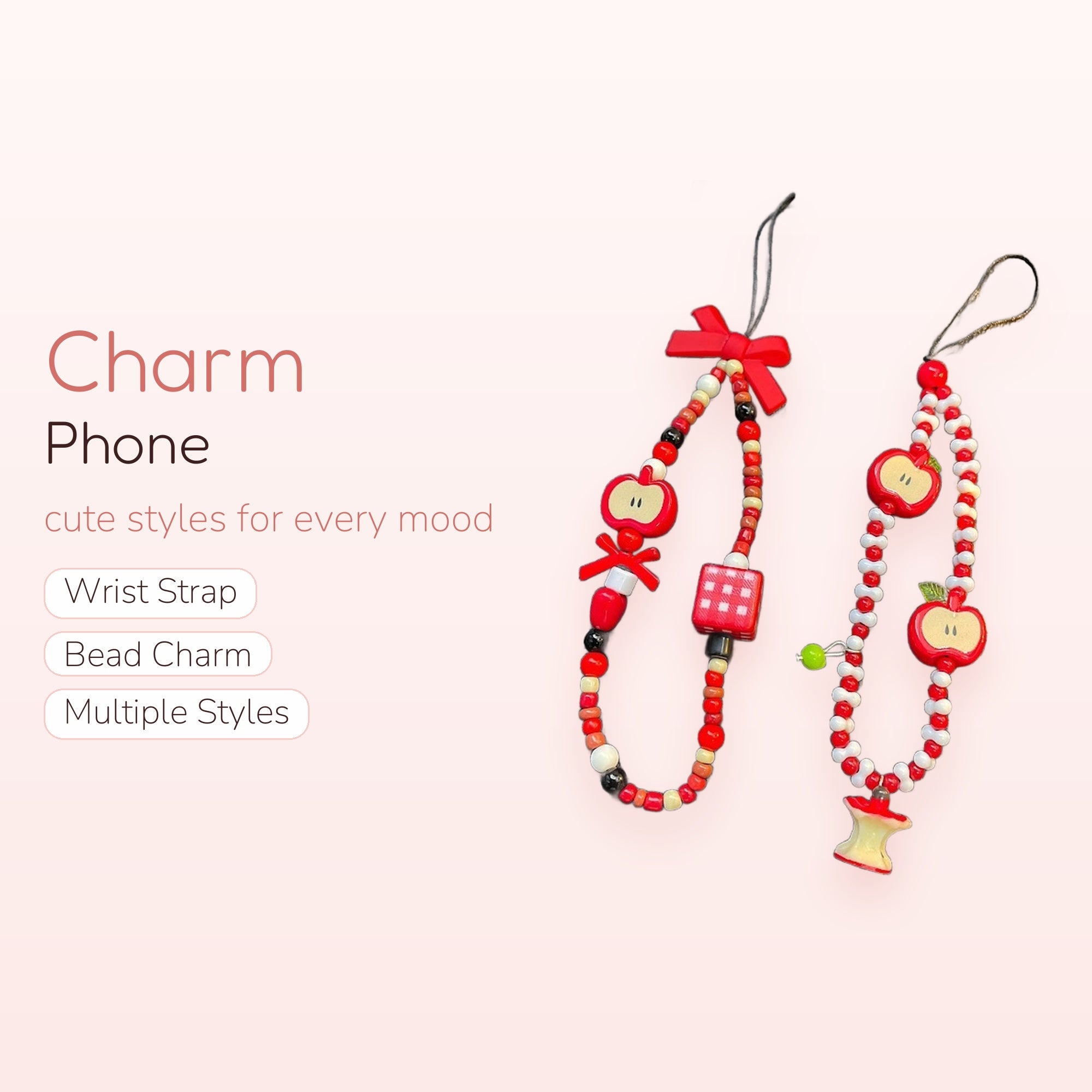 Cute Red Apple Beaded Phone Charm | Kawaii Fruit Wrist Strap Lanyard