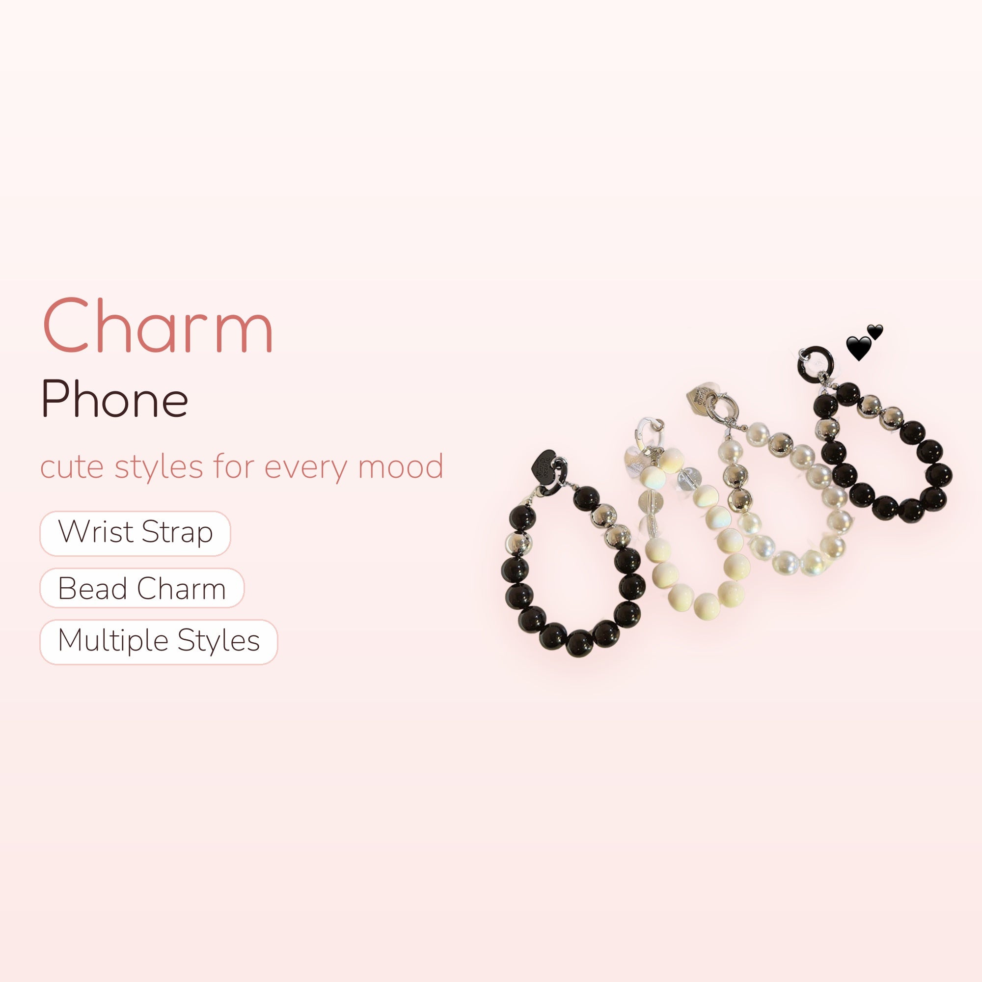 Chic Black & White Pearl Phone Charm | Beaded Wrist Strap with Heart Charm
