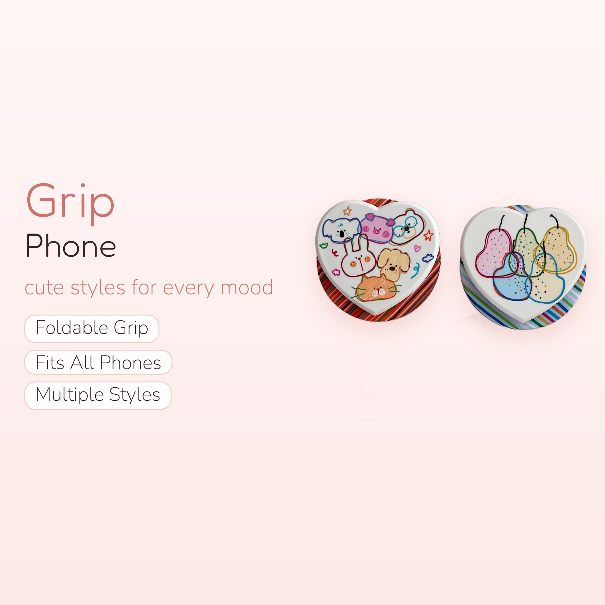 Kawaii Heart Animal & Pear Phone Grip | Cute Pop Socket Stand