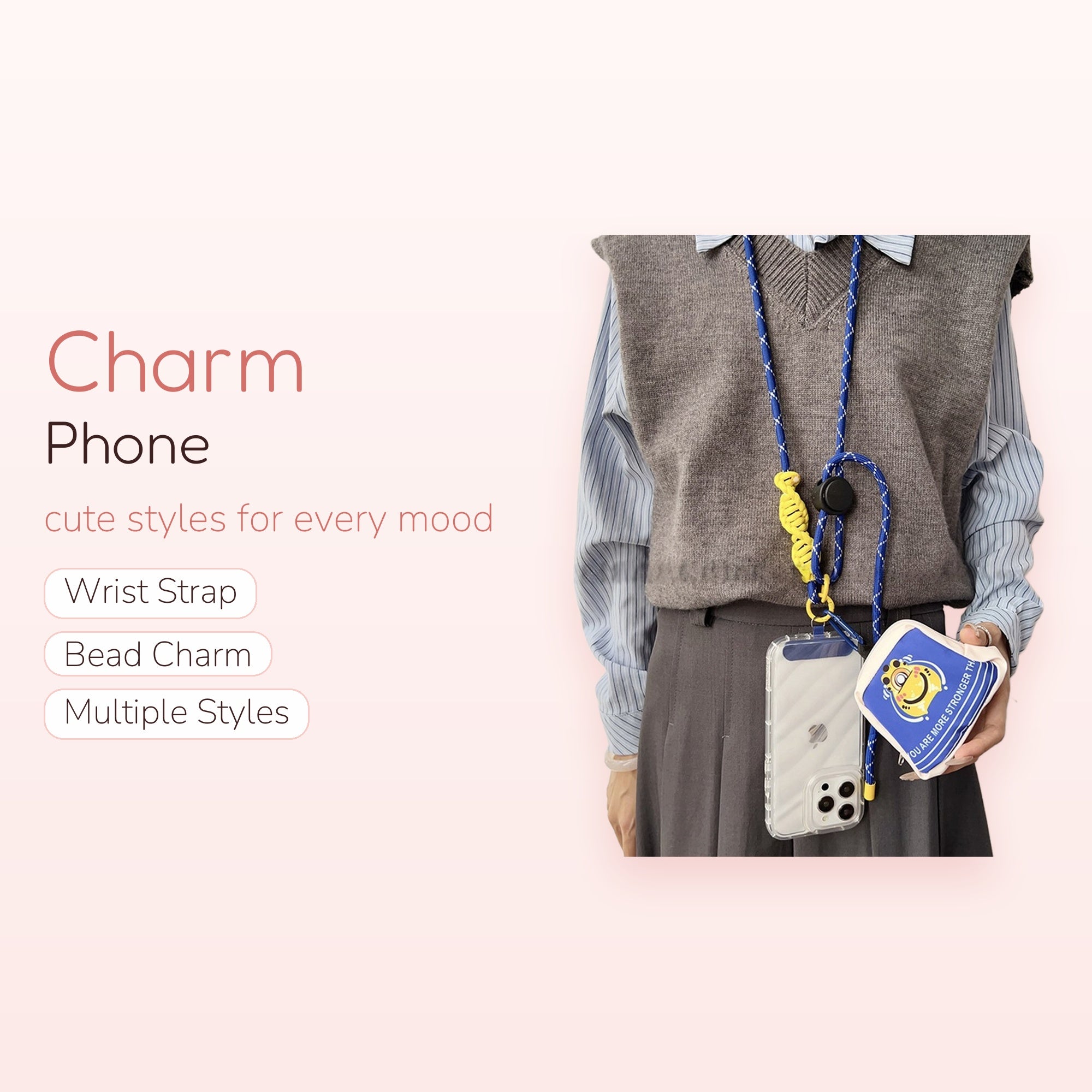 Blue & Yellow Rope Phone Lanyard with Clear Case | Cute Candy Charm Crossbody Strap