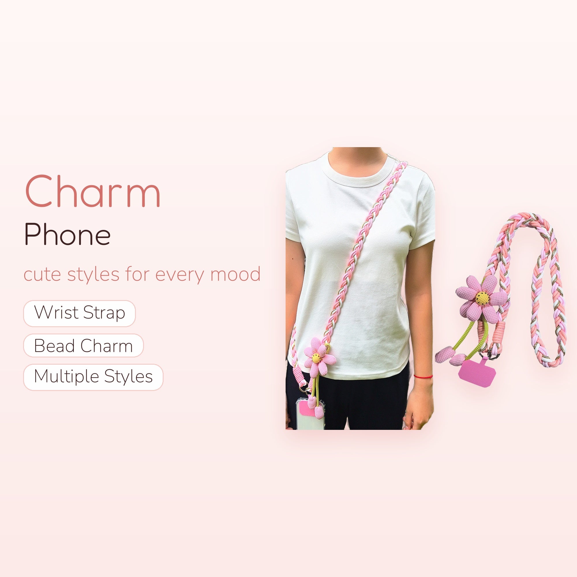 Cute Braided Daisy Phone Lanyard | Pink & Gold Crossbody Phone Strap