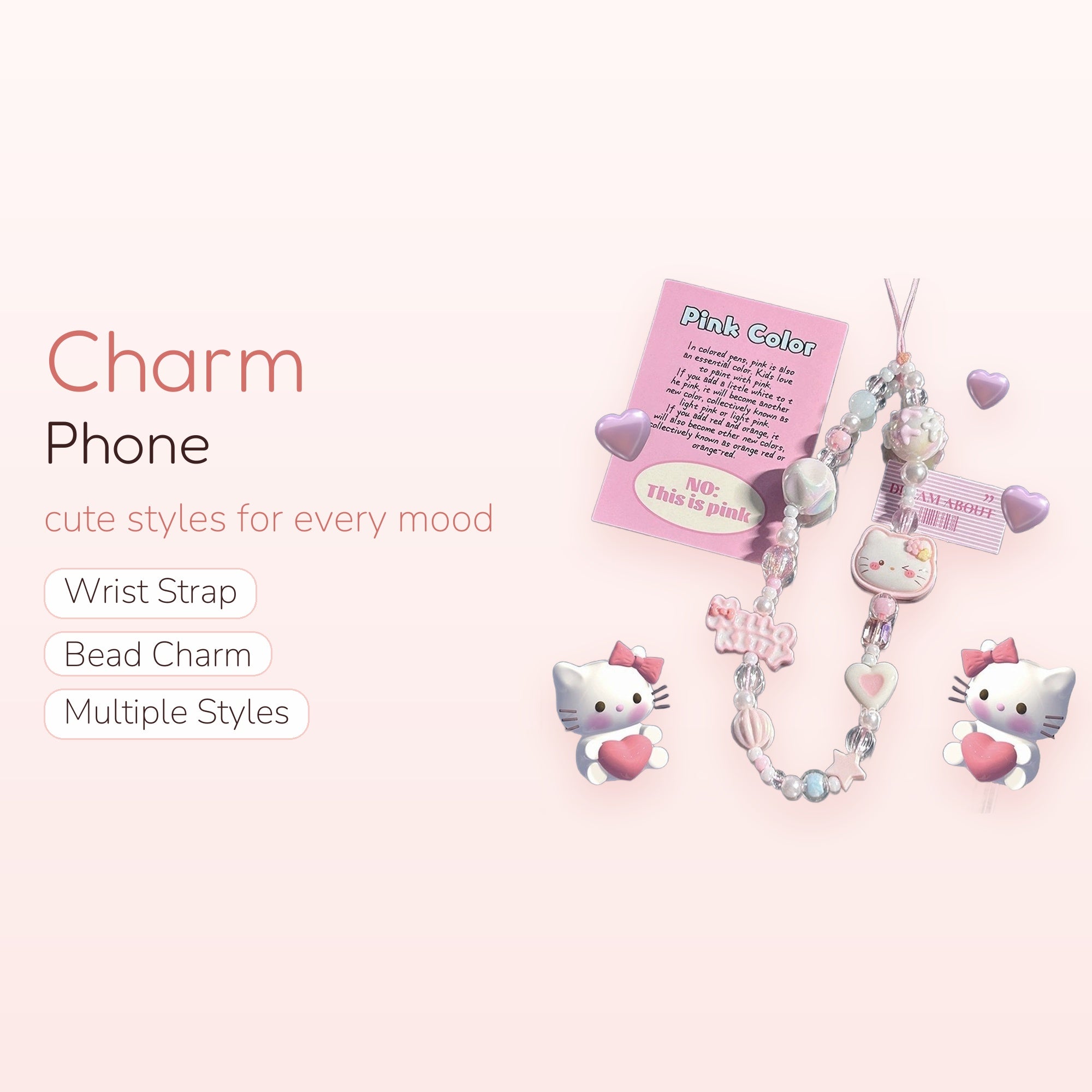 Kawaii Pink Hello Kitty Beaded Phone Charm | Pastel Pearl Wrist Strap