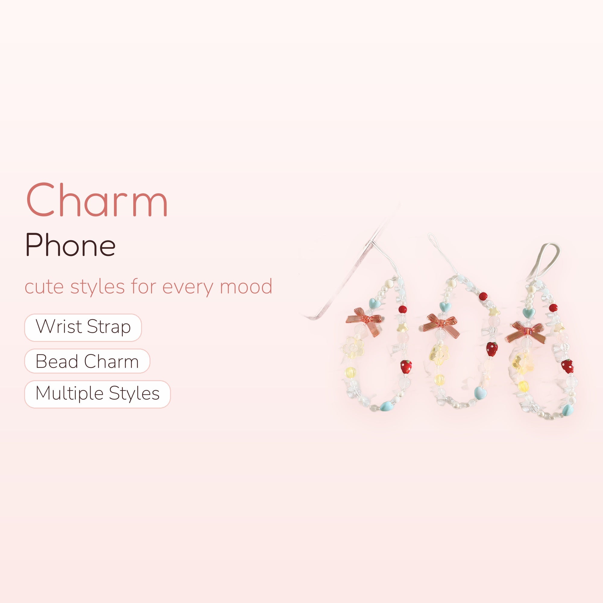 Kawaii Pastel Beaded Phone Charm Strap | Strawberry & Bow Wrist Lanyard