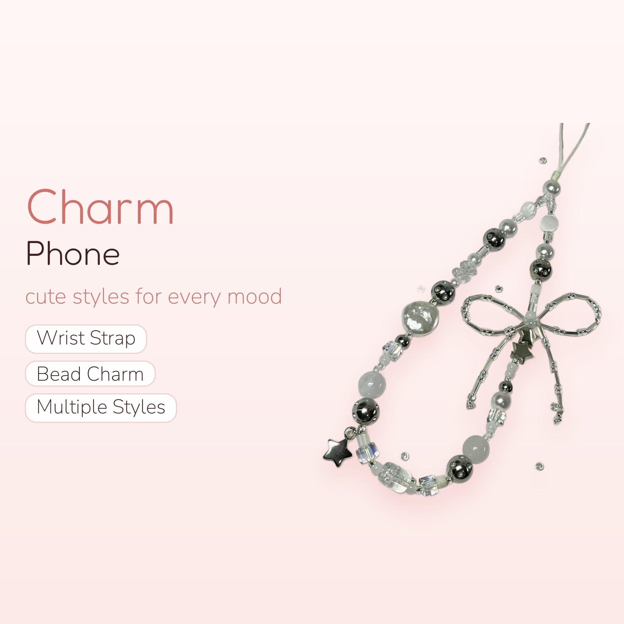 SIMPLYBUBBI — Lunar Bow & Star Beaded Phone Strap | Silver & White Lanyard