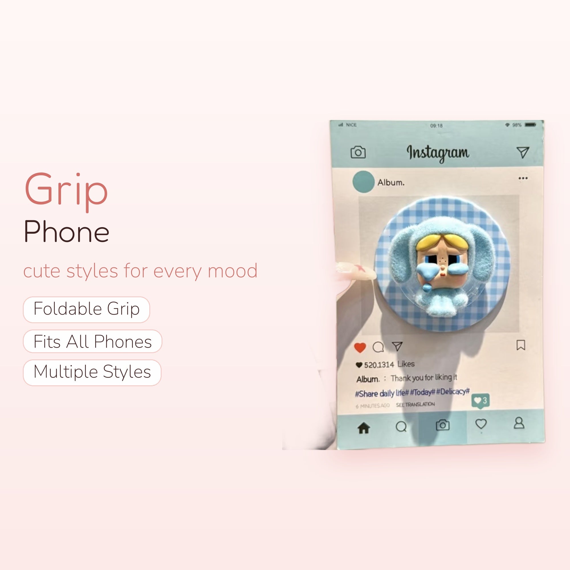 Kawaii Blue Crying Character Phone Grip | Aesthetic Plaid Pop Socket Stand