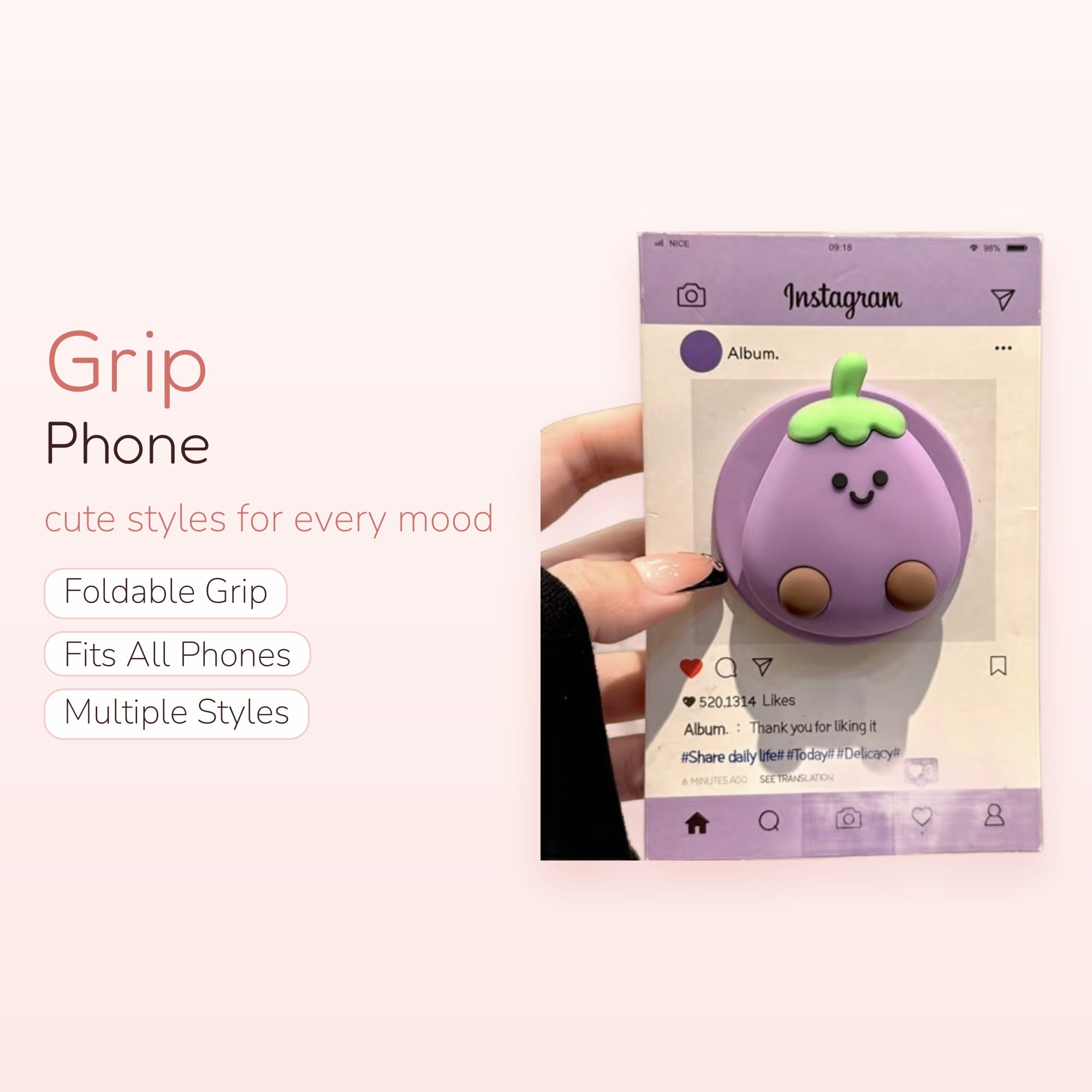 Kawaii Purple Eggplant Phone Grip | Cute Smiling Vegetable Pop Socket Stand