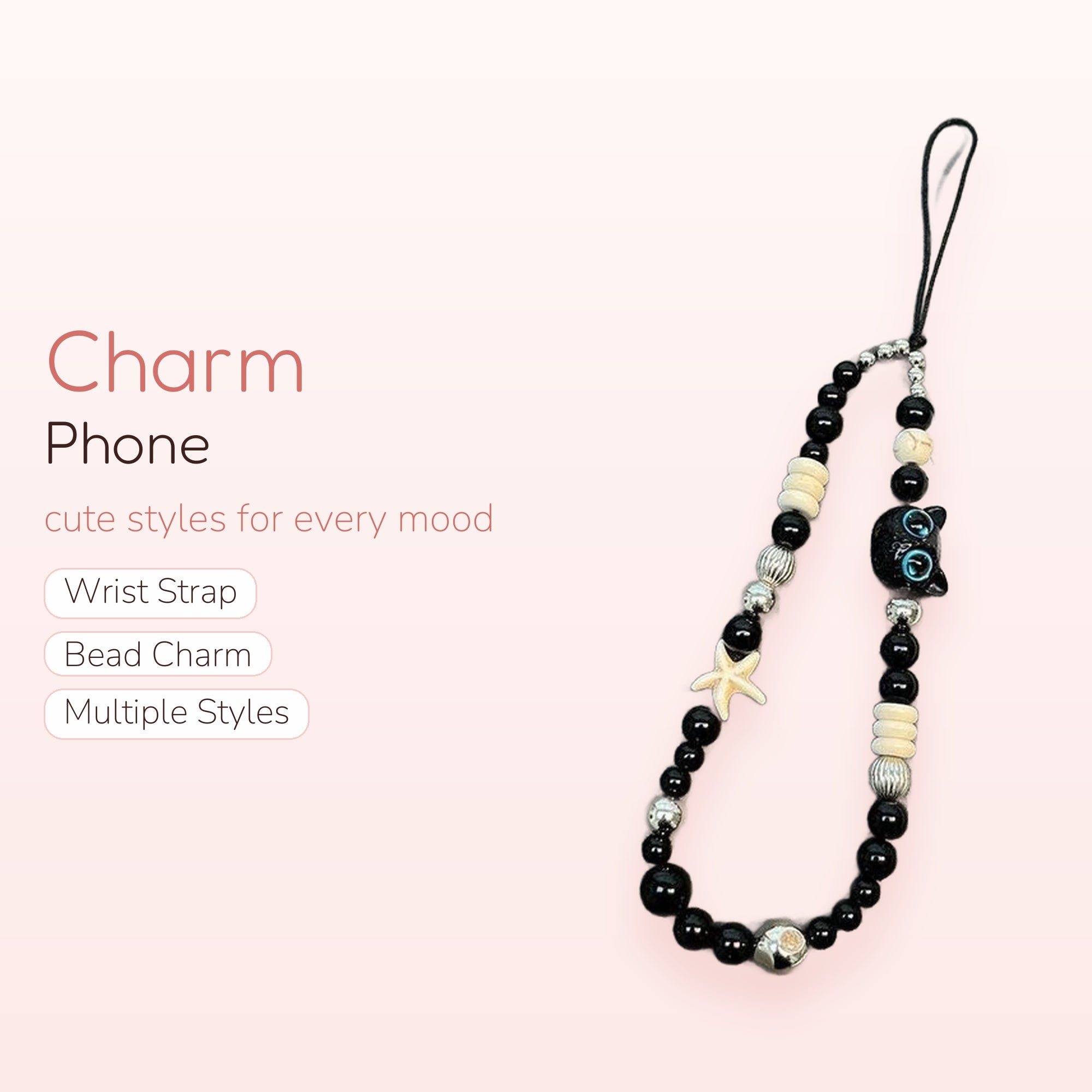 Black & White Beaded Phone Charm | Cute Starfish & Cat Wrist Strap