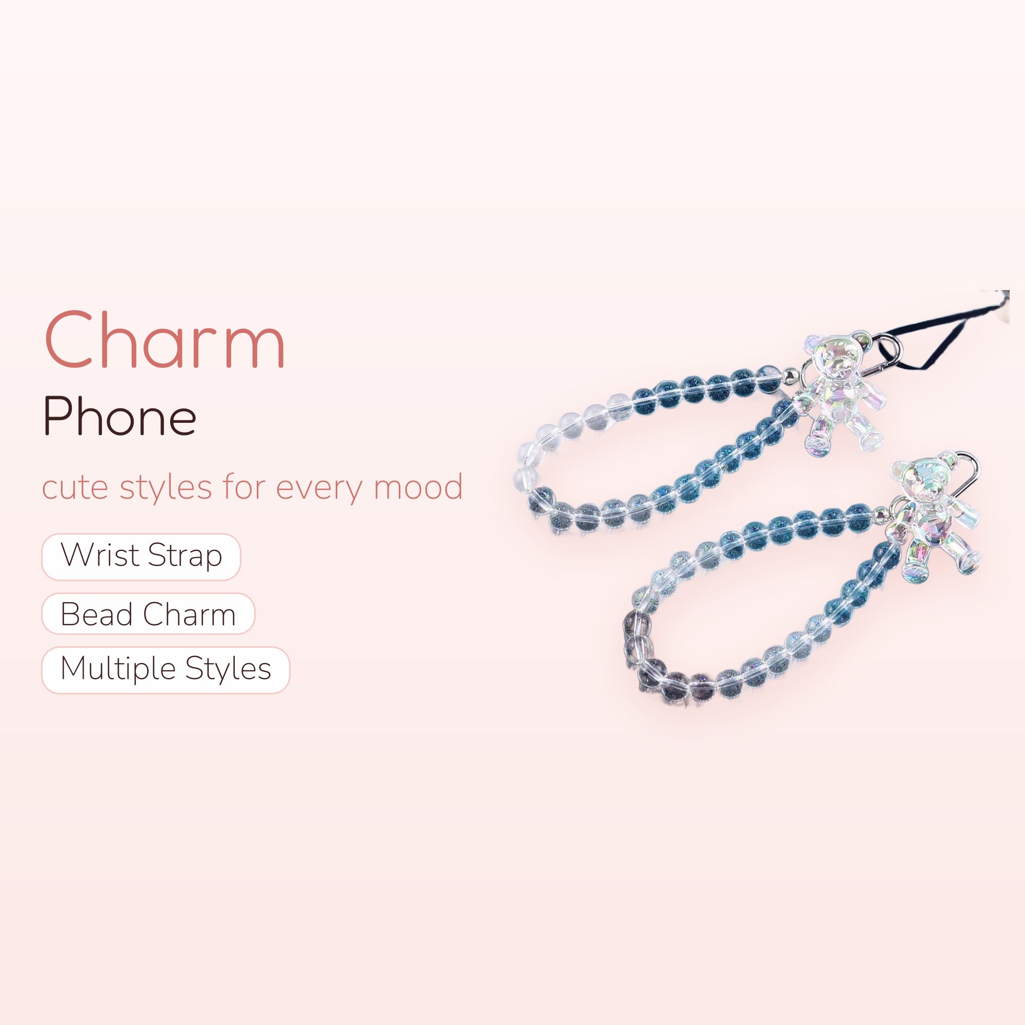 Iridescent Bear Phone Charm Strap | Crystal Bead Wrist Lanyard