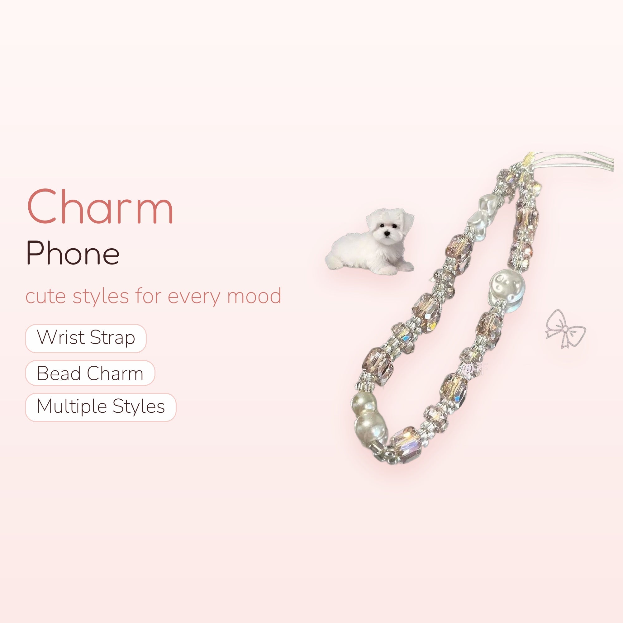 Sparkling Crystal & Pearl Phone Charm Strap | Aesthetic Beaded Wrist Lanyard