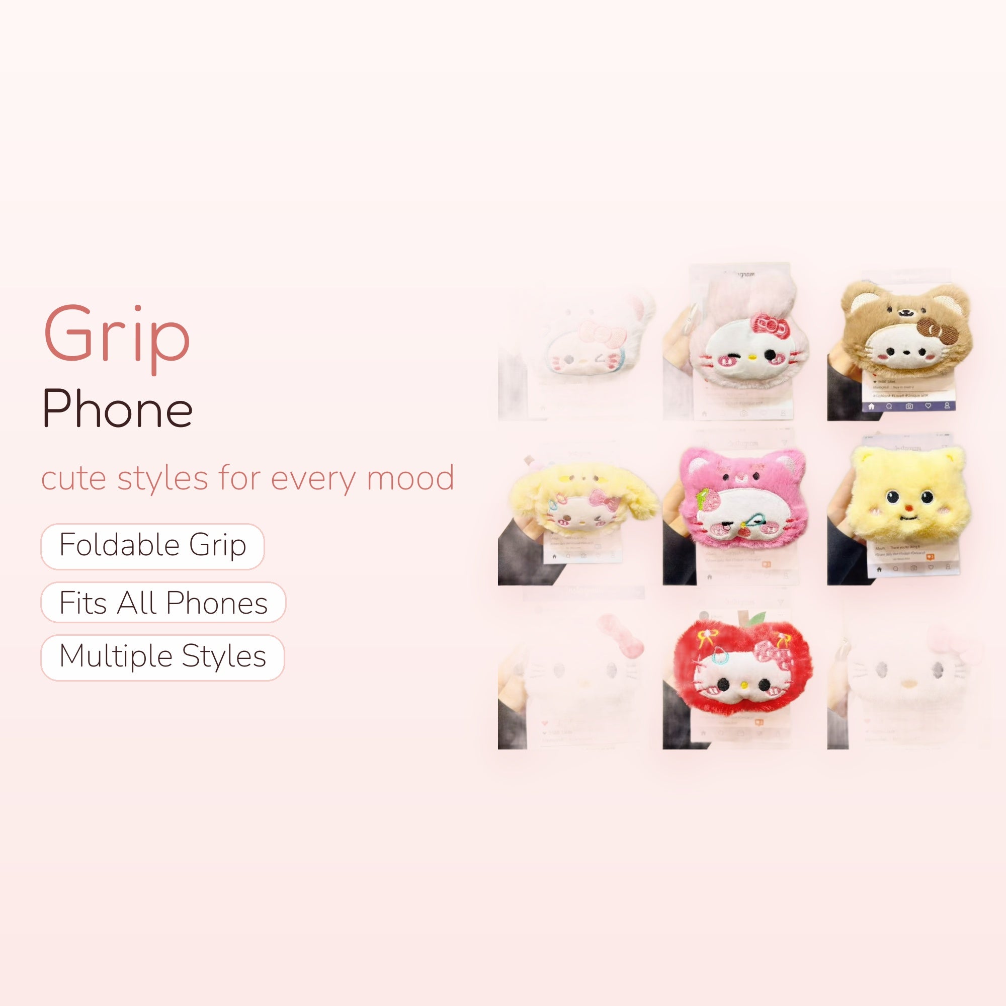 Fluffy Hello Kitty & Friends Phone Grip | Kawaii Plush Pop Socket Stand
