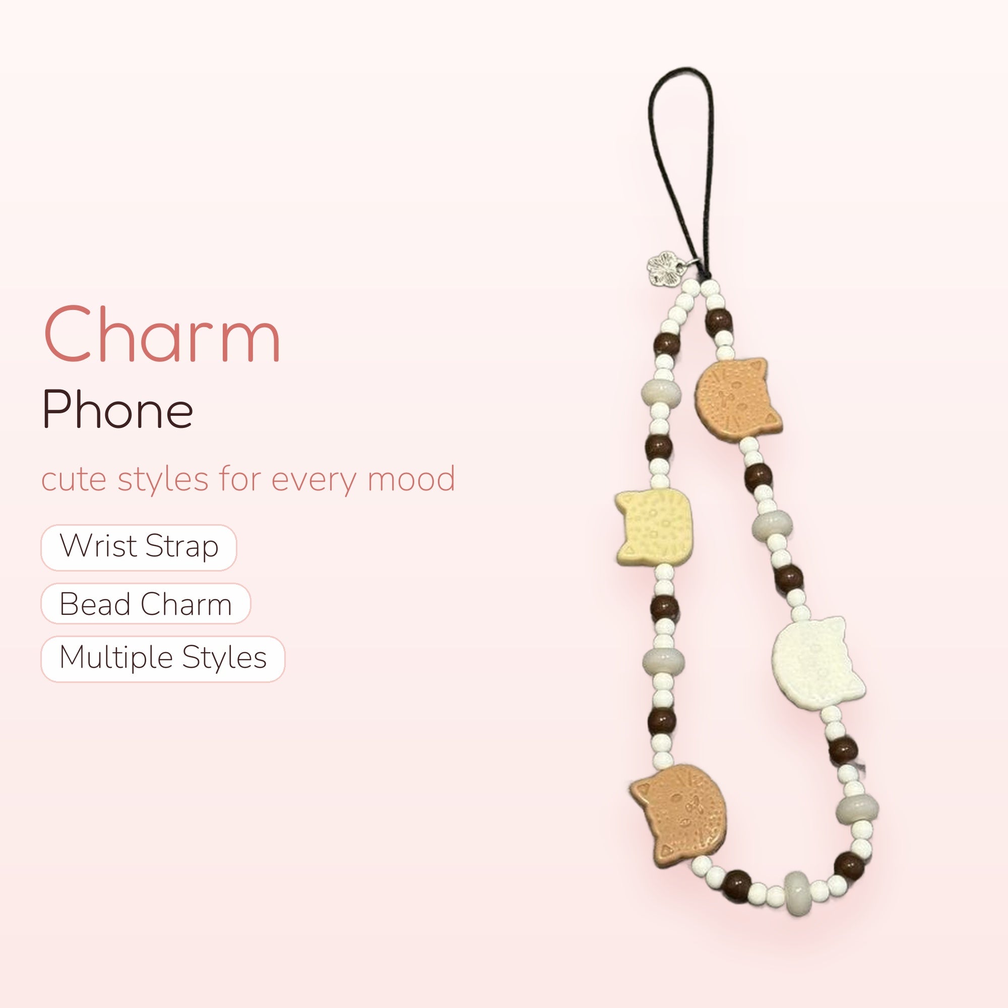 Cute Cat Cookie Beaded Phone Charm Strap | Aesthetic Brown & White Wrist Lanyard