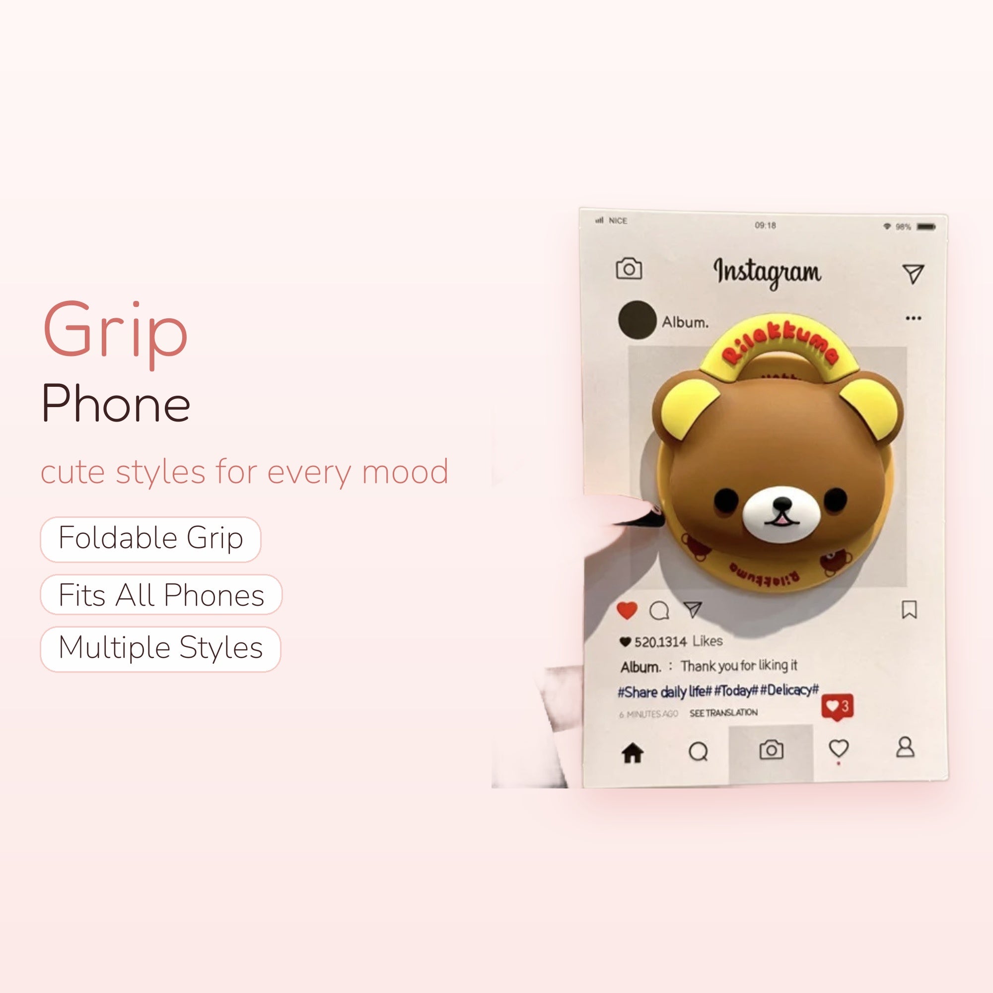 Cute Rilakkuma Bear Phone Grip | Kawaii Brown Pop Socket Stand