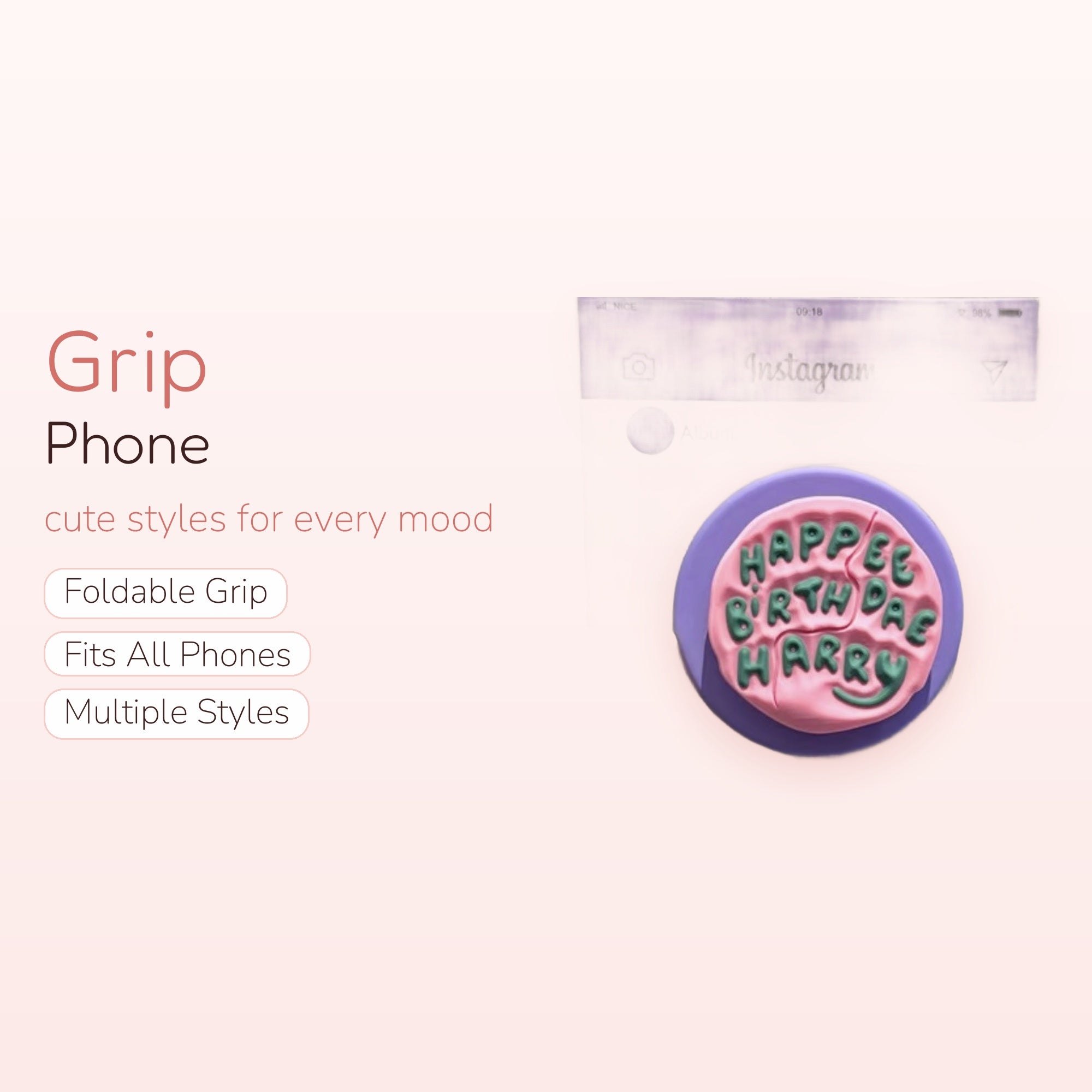 HAPPEE BIRTHDAE HARRY Cake Phone Grip | Kawaii Purple Pink Pop Socket Stand