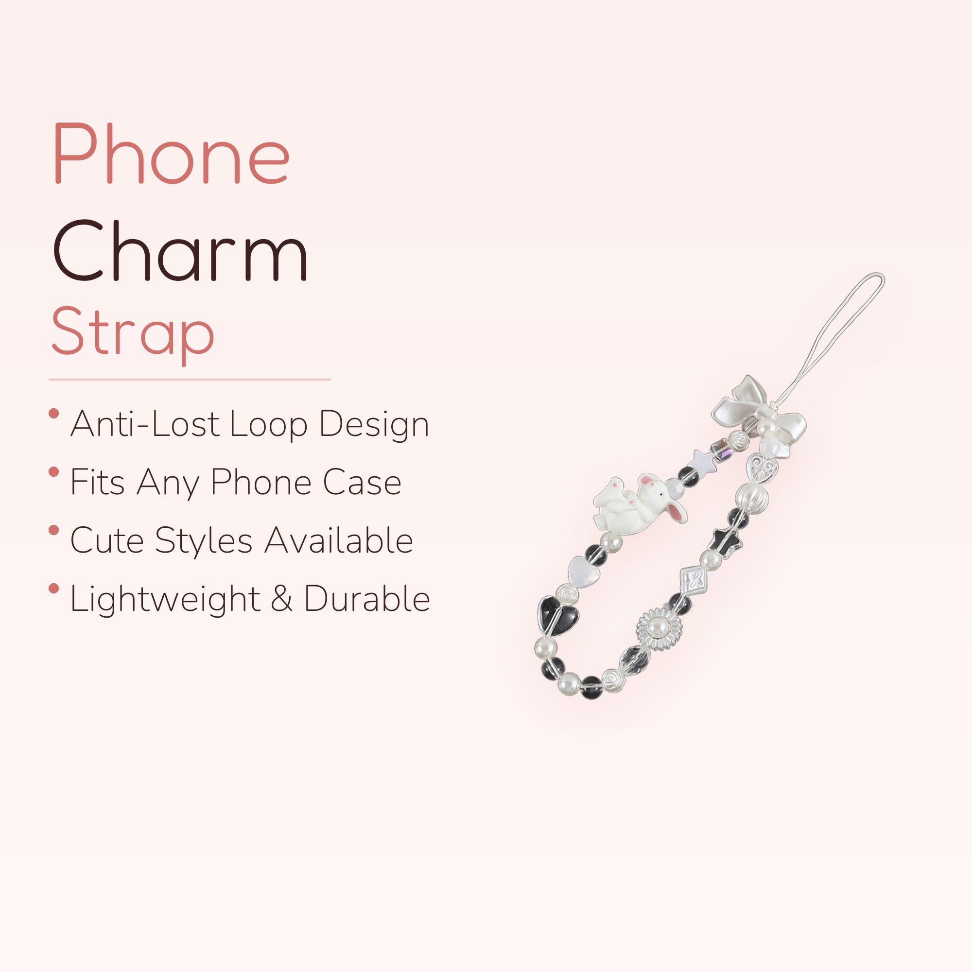 Kawaii Bunny Pearl Phone Charm Strap | Cute Beaded Wrist Lanyard