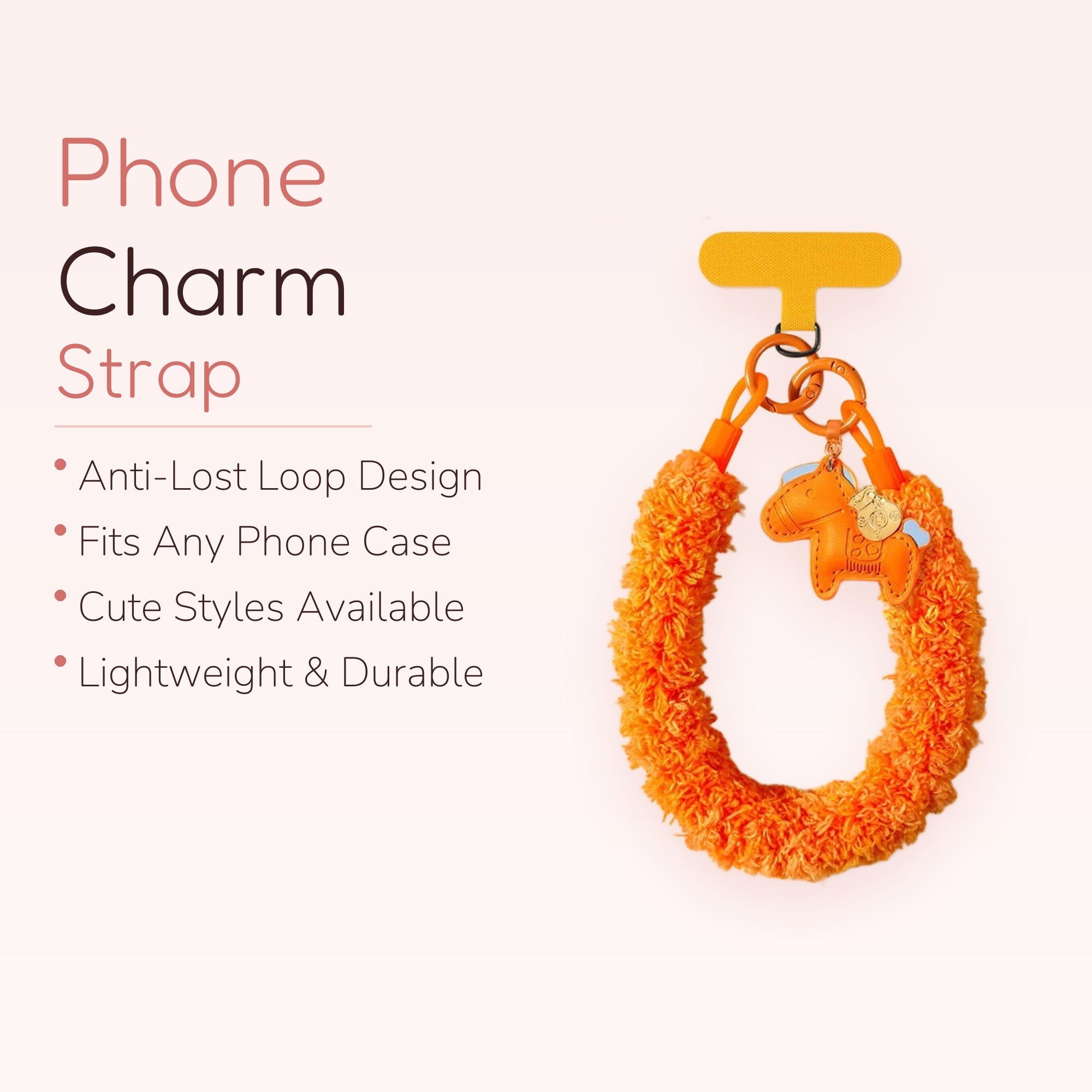 Fluffy Orange Horse Phone Charm Strap | Cute Plush Wrist Lanyard with Lucky Charm