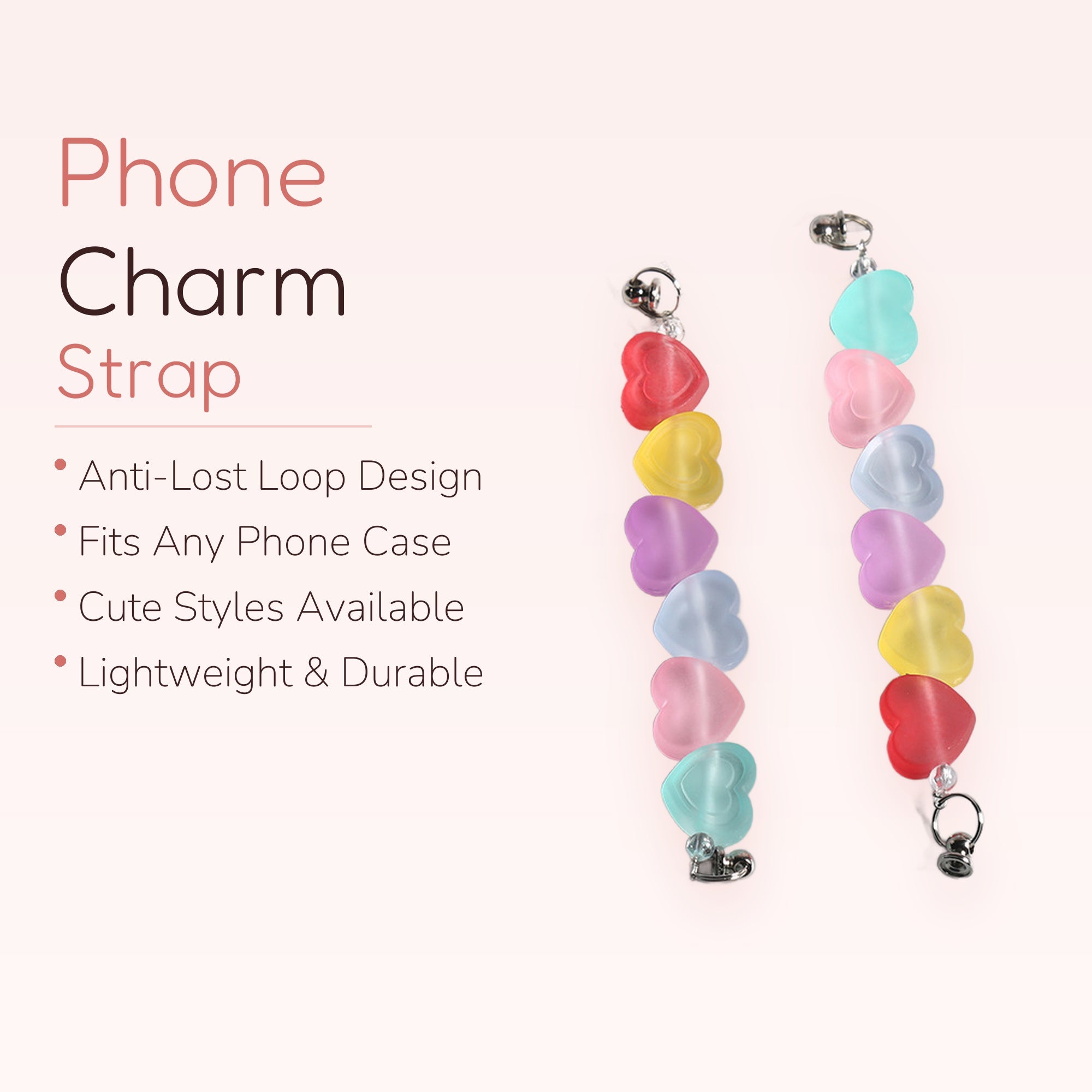 Pastel Heart Bead Phone Charm Strap | Kawaii Wrist Lanyard